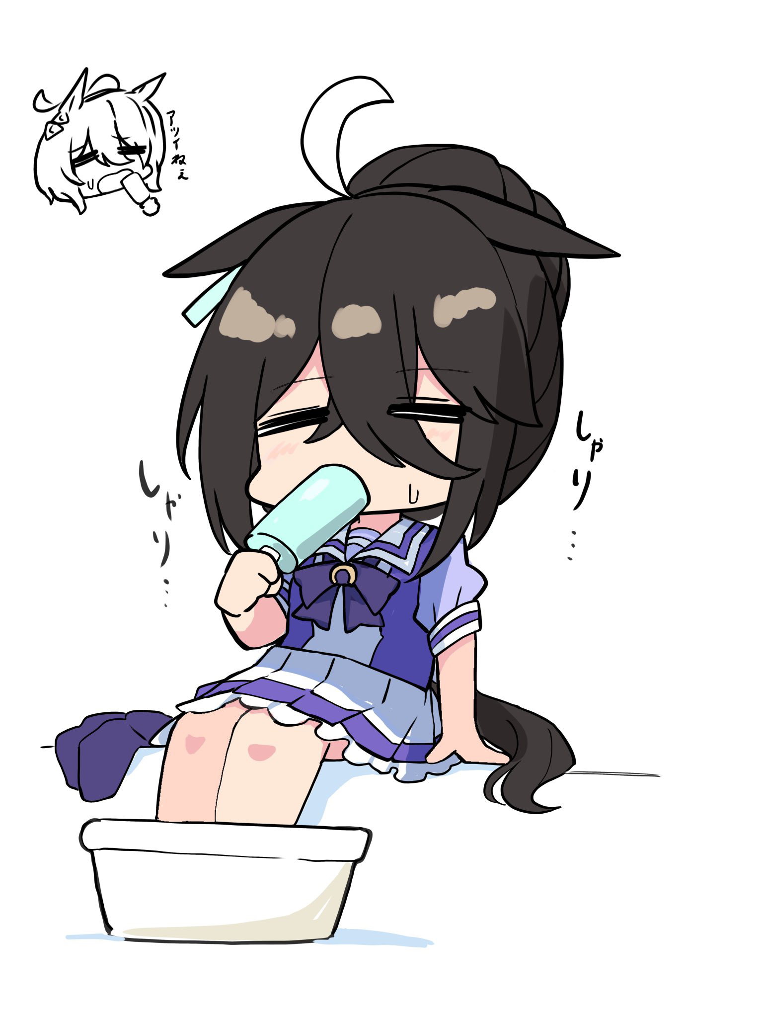 kawamochi (tddm3573), agnes tachyon (umamusume), manhattan cafe (umamusume), umamusume, highres, translation request, 2girls, ahoge, animal ears, black hair, bow, chibi, closed eyes, eyes visible through hair, food, hair between eyes, hair bun, holding, holding food, horse ears, horse girl, horse tail, multicolored hair, multiple girls, open mouth, pleated skirt, popsicle, puffy short sleeves, puffy sleeves, purple bow, purple shirt, purple thighhighs, shirt, short sleeves, simple background, sitting, skirt, soaking feet, solo focus, sweat, tail, thighhighs, two-tone hair, unworn thighhighs, wavy mouth, white background, white hair, white skirt