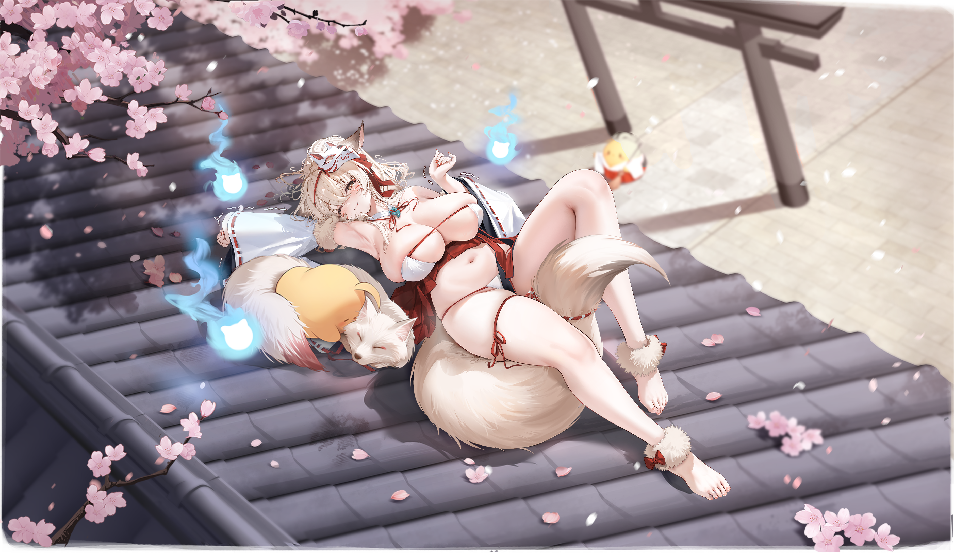 manjuu (azur lane), minase (azur lane), minase (maidenly meditation) (azur lane), azur lane, absurdres, highres, non-web source, official art, 1girl, animal ears, anklet, arm up, armpits, barefoot, breasts, brown eyes, brown hair, cherry blossoms, detached collar, detached sleeves, fox, fox ears, fox girl, fox mask, fox tail, fundoshi, hitodama, japanese clothes, jewelry, large breasts, looking at viewer, lying, mask, medium hair, navel, nontraditional miko, official alternate costume, on back, one eye closed, petals, pleated skirt, red skirt, skindentation, skirt, smile, solo, tail, thigh strap, thighs, wide sleeves