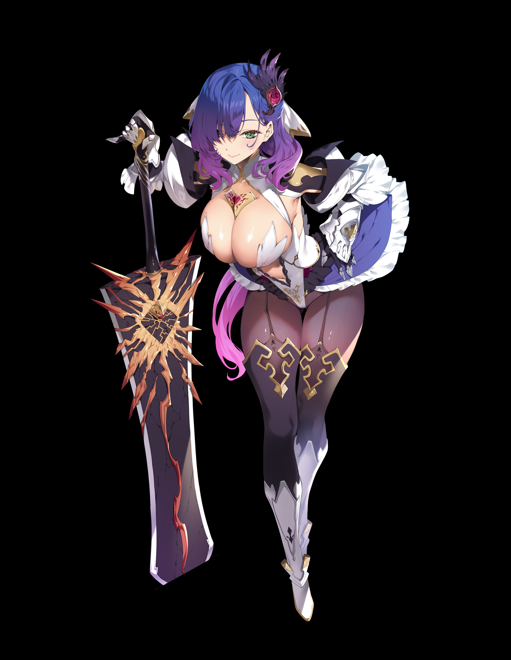 tachibana yuu, eden's ritter grenze, character request, highres, official art, 1girl, blue hair, breasts, cleavage, detached sleeves, fake nails, frilled skirt, frills, gradient hair, greatsword, green eyes, hair ornament, hair over one eye, large breasts, light smile, long hair, multicolored hair, navel, pantyhose, purple hair, skirt, sword, thighhighs, weapon