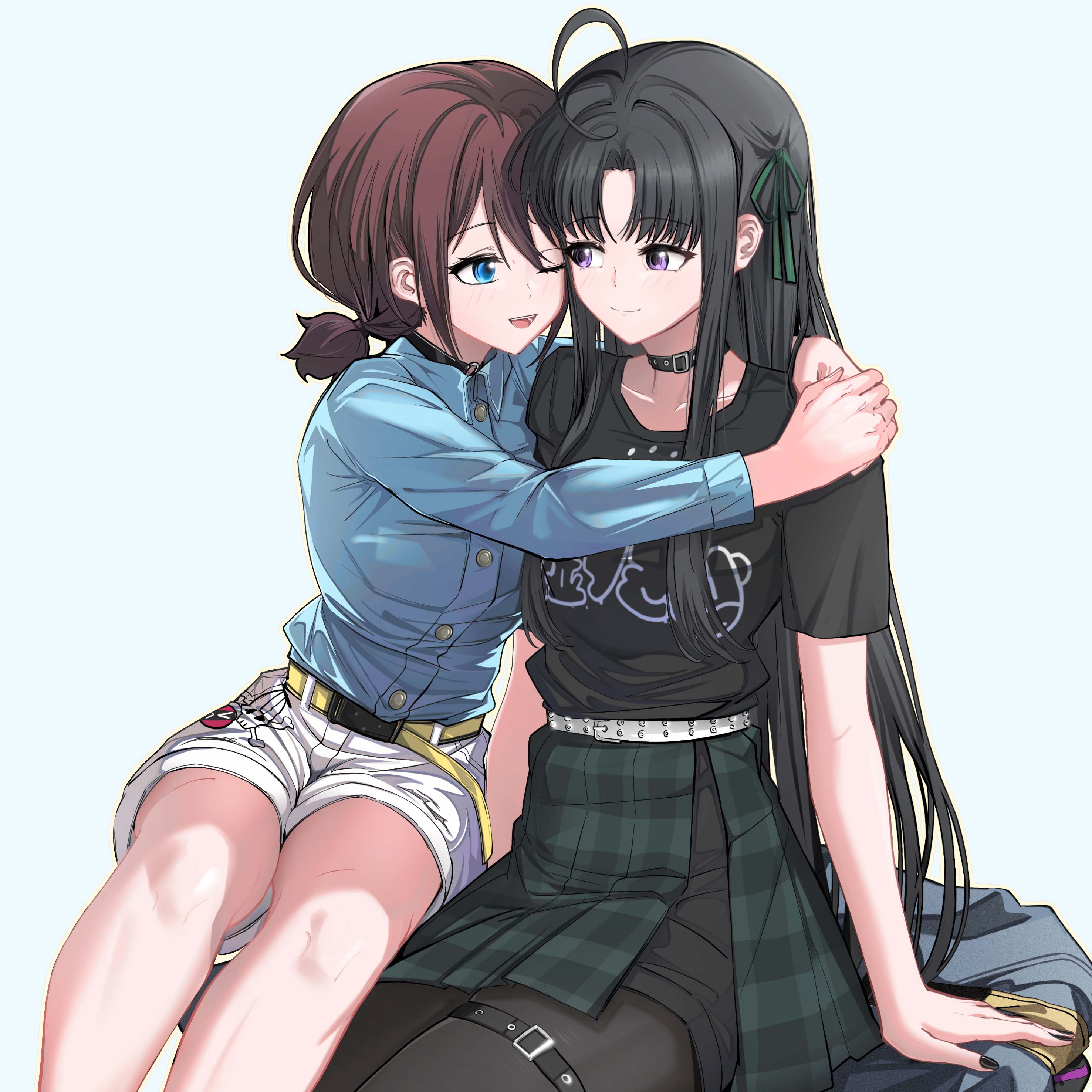 awa subaru, iseri nina, girls band cry, absurdres, artist request, commentary, commission, highres, second-party source, 2girls, ahoge, arms around neck, belt, black choker, black hair, black nails, black pantyhose, black shirt, blue background, blue eyes, blue shirt, cheek-to-cheek, choker, closed mouth, collared shirt, green skirt, heads together, hug, long hair, multiple girls, pantyhose, purple eyes, red hair, shirt, short sleeves, short twintails, shorts, simple background, sitting, skirt, smile, twintails, unmei no hana (girls band cry), white shorts, yellow belt, yuri