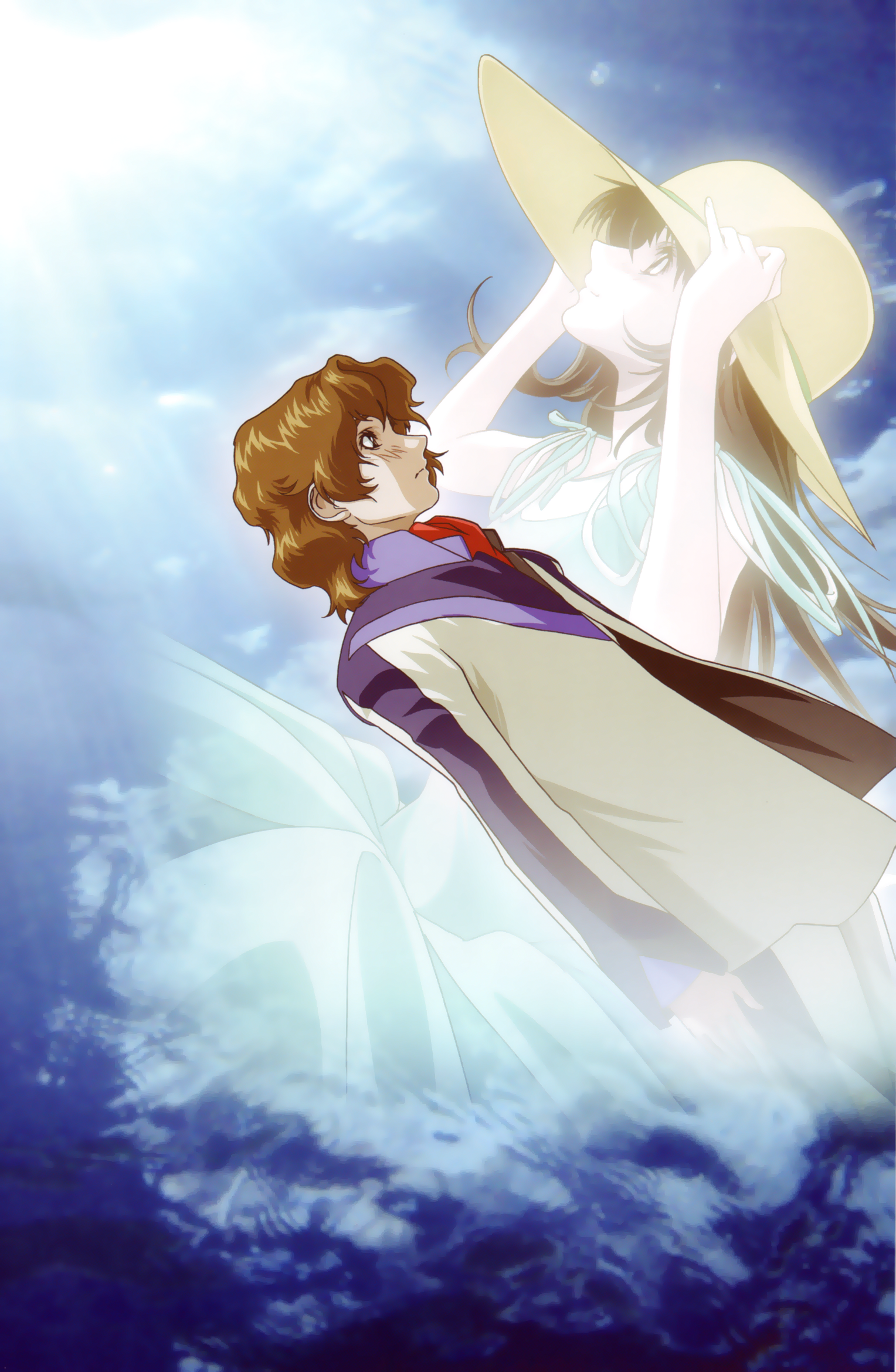 hirai hisashi, hazama shouko, kasugai koyo, soukyuu no fafner, uniform, highres, 00s, 1boy, 1girl, brown hair, dress, hat, long hair