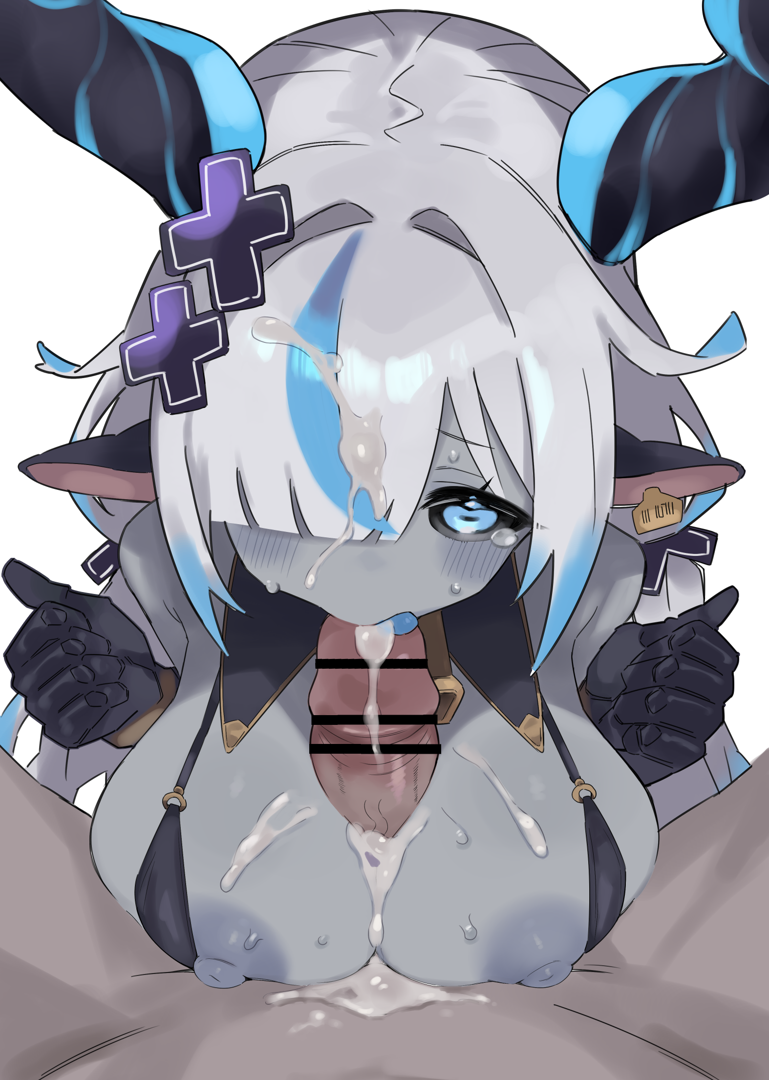 matcha (mattyan), original, commentary request, highres, 1boy, 1girl, animal ears, bar censor, black gloves, breasts, censored, cum, cum on body, cum on breasts, cum on upper body, ear tag, fellatio, gloves, hair over one eye, hetero, horns, large breasts, multicolored hair, nipples, oral, paizuri, penis