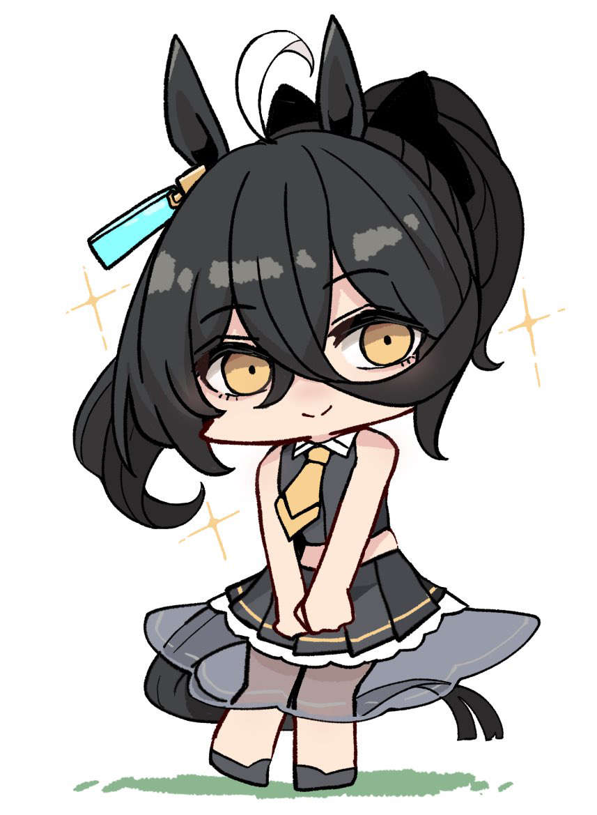 kawamochi (tddm3573), manhattan cafe (umamusume), umamusume, 1girl, adapted costume, ahoge, animal ears, bare arms, bare shoulders, black bow, black hair, black shirt, black shoes, black skirt, bow, brown eyes, chibi, collared shirt, full body, hair between eyes, hair bow, horse ears, horse girl, horse tail, multicolored hair, pleated skirt, ponytail, see-through clothes, see-through skirt, shirt, shoes, simple background, skirt, sleeveless, sleeveless shirt, solo, sparkle, tail, two-tone hair, white background, white hair