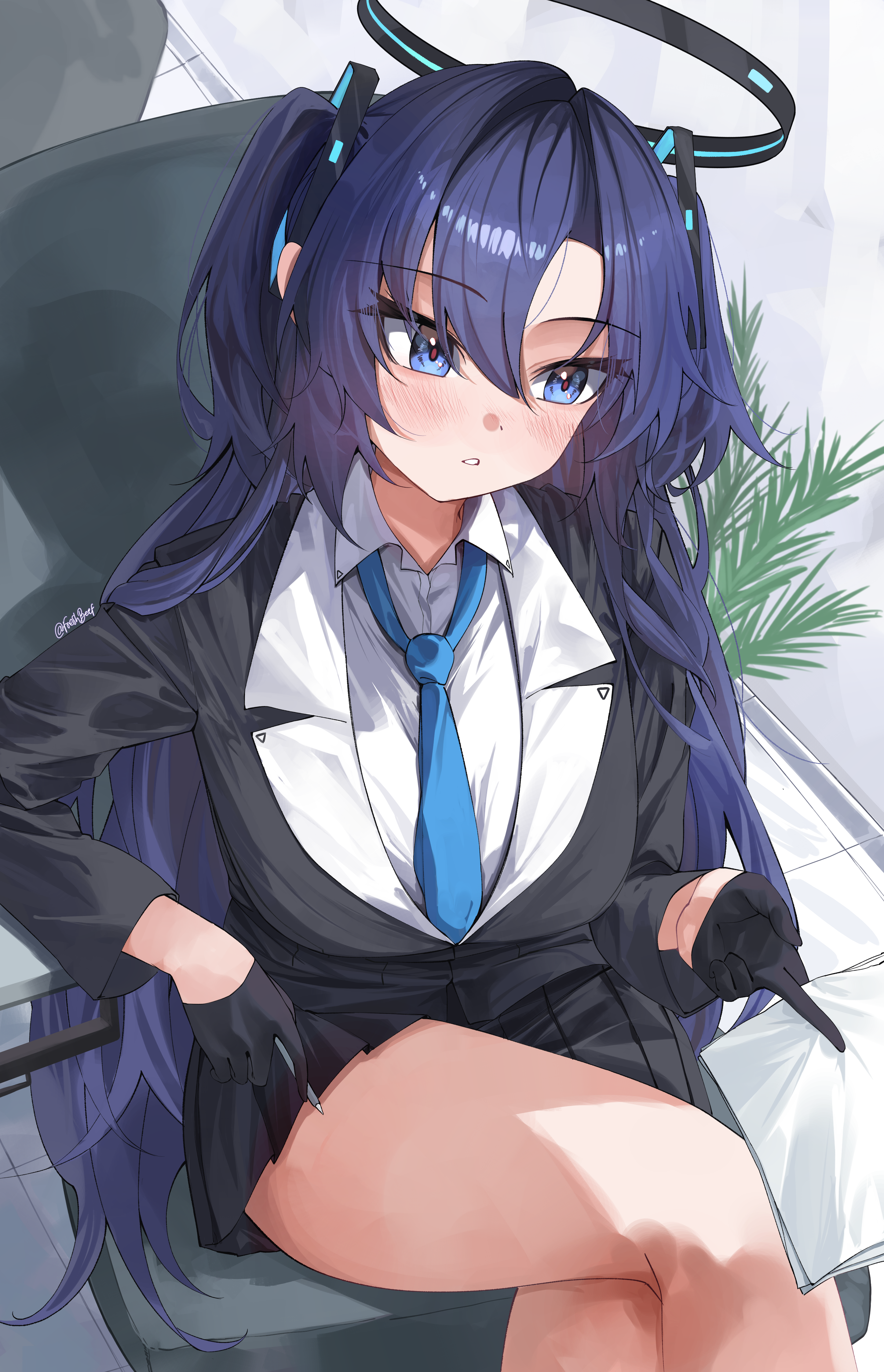 freshbeef, yuuka (blue archive), blue archive, absurdres, commentary, english commentary, highres, 1girl, bare legs, black gloves, black jacket, black skirt, blazer, blue eyes, blue necktie, chair, crossed legs, dress shirt, gloves, halo, holding, holding paper, holding pen, indoors, jacket, long hair, looking ahead, miniskirt, necktie, on chair, paper, pen, purple hair, shirt, sitting, skirt, solo, two side up, very long hair, white shirt