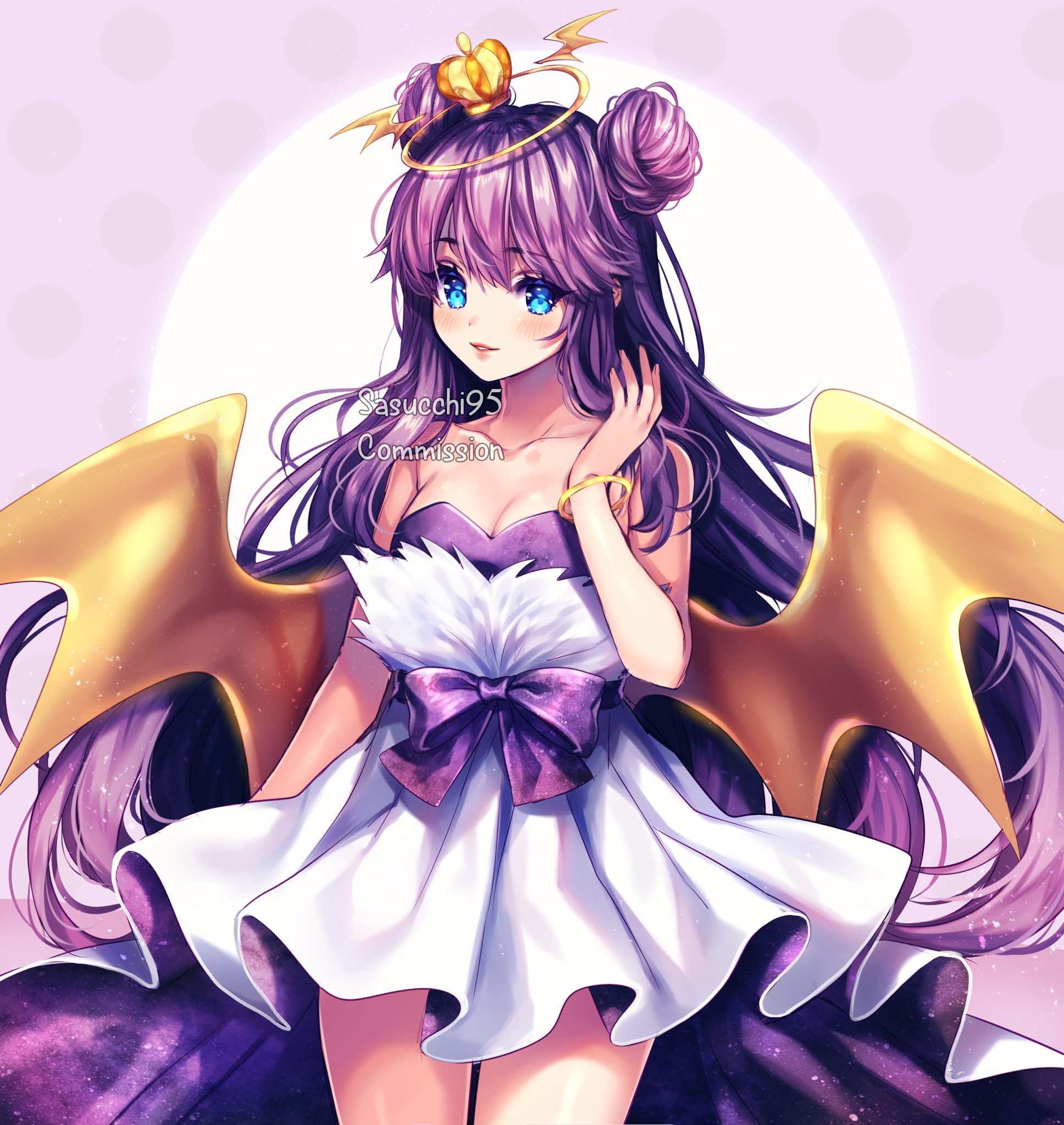 sasucchi95, original, commentary, commission, english commentary, highres, 1girl, arm at side, artist name, bare arms, bare shoulders, blue eyes, blush, border, bow, breasts, cleavage, collarbone, cowboy shot, demon wings, double-parted bangs, double bun, frilled skirt, frills, hair between eyes, hair bun, halo, hand up, high-low skirt, lips, long hair, looking at viewer, outside border, parted lips, polka dot border, purple border, purple bow, purple hair, purple shirt, purple skirt, round border, shirt, simple background, skirt, small breasts, smile, solo, standing, strapless, strapless shirt, two-sided fabric, two-sided skirt, two-tone skirt, very long hair, watermark, white background, white skirt, wings, yellow halo, yellow wings
