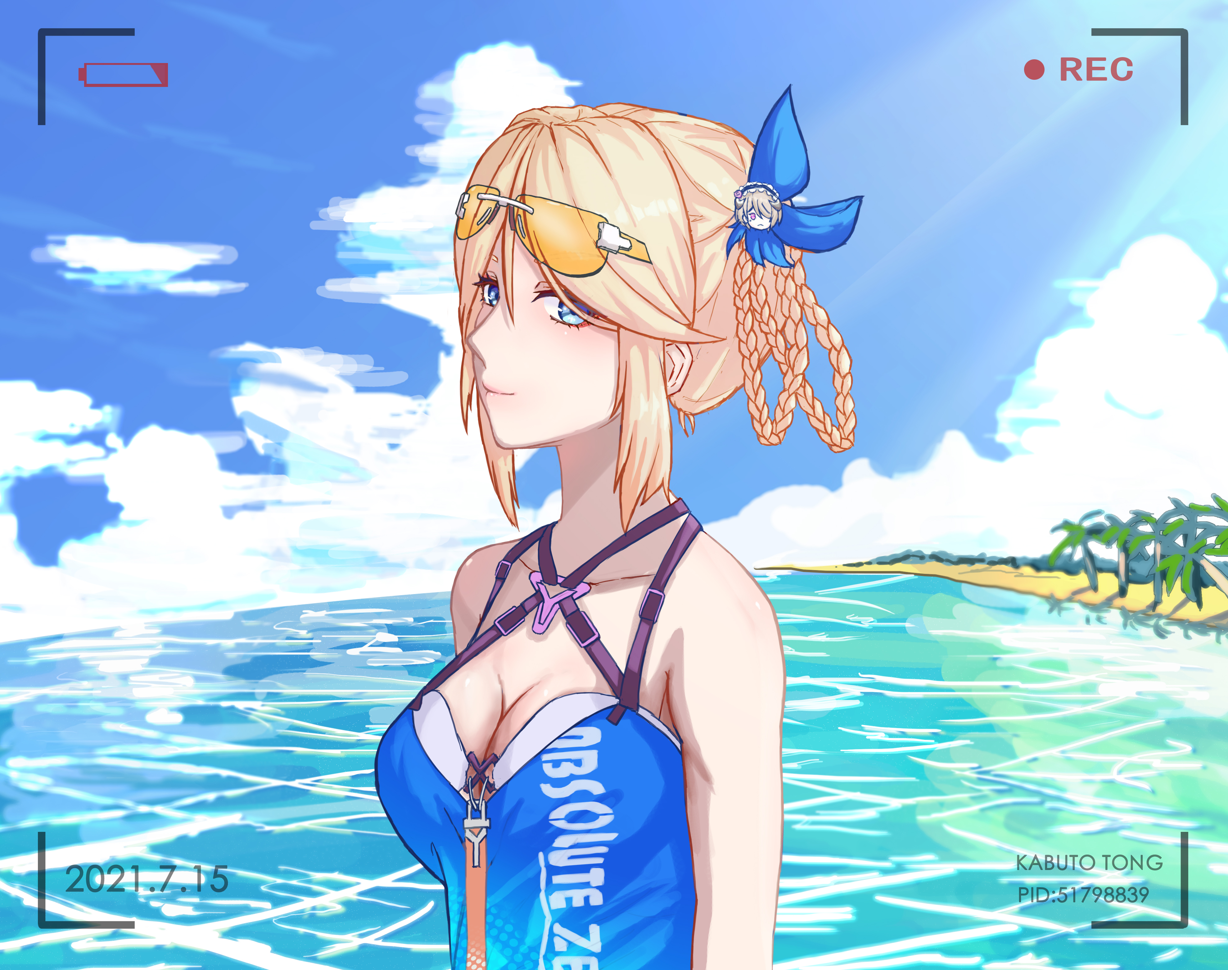 kabuto tong, durandal (honkai impact), durandal (purrfect holiday) (honkai impact), durandal (valkyrie gloria) (honkai impact), honkai (series), honkai impact 3rd, absurdres, highres, 1girl, beach, blonde hair, blue eyes, blue sky, breasts, cleavage, closed mouth, cloud, cloudy sky, dated, eyewear on head, outdoors, sky, solo, summer, viewfinder, water