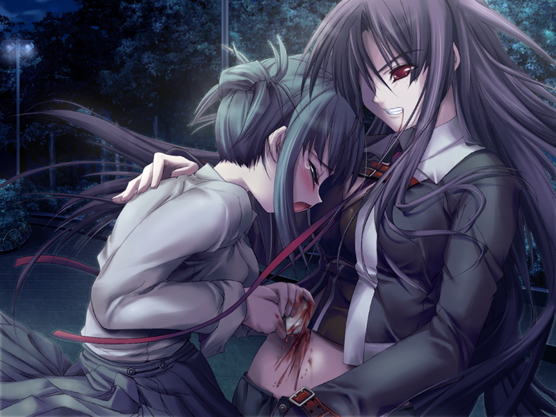 hitomaru, takamiya asuka, wakabayashi shiori, barbaroi, game cg, 2girls, black hair, blood, green hair, guro, knife, multiple girls, tears