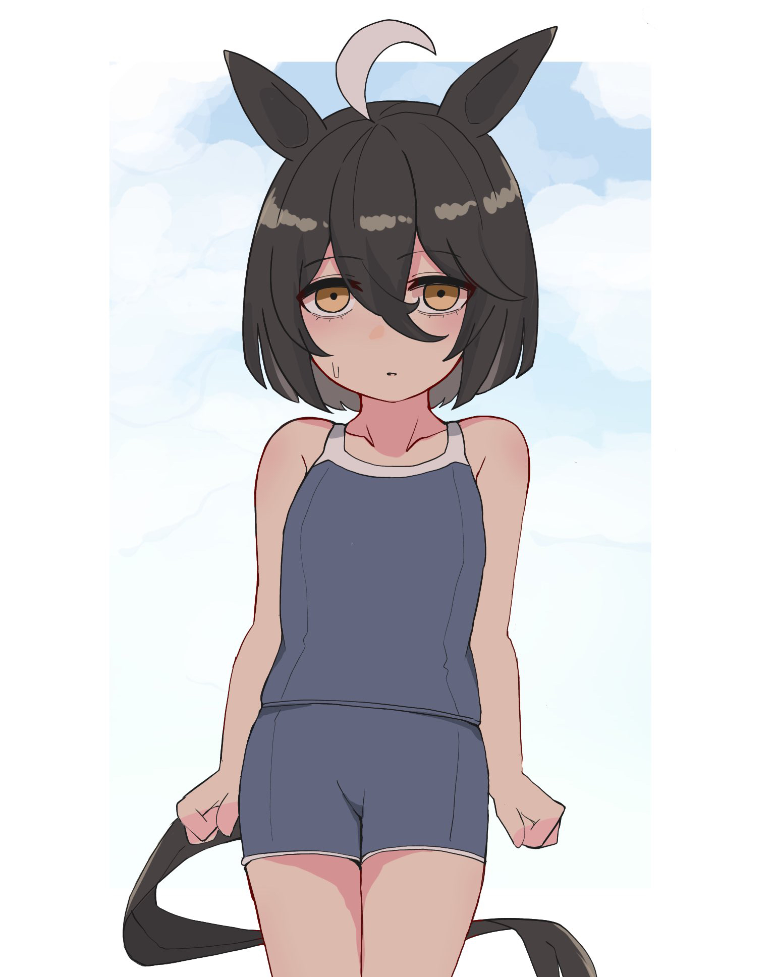 kawamochi (tddm3573), manhattan cafe (umamusume), umamusume, highres, 1girl, aged down, ahoge, animal ears, bare arms, bare shoulders, black hair, blue one-piece swimsuit, blue sky, border, brown eyes, cloud, cloudy sky, collarbone, hair between eyes, horse ears, horse girl, horse tail, multicolored hair, one-piece swimsuit, parted lips, short hair, sky, small sweatdrop, solo, sweat, swimsuit, tail, two-tone hair, white border, white hair