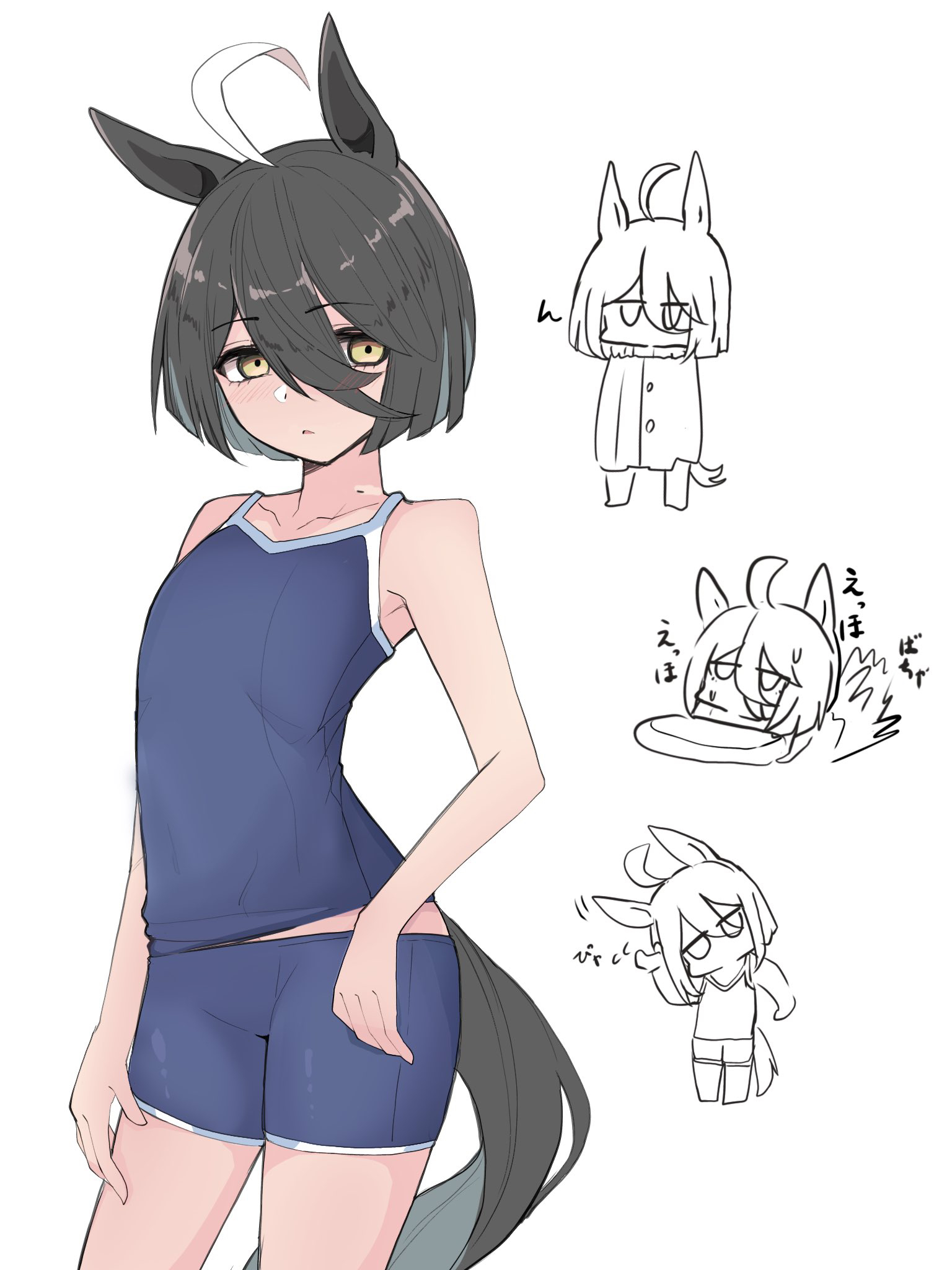 kawamochi (tddm3573), manhattan cafe (umamusume), umamusume, highres, translation request, 1girl, aged down, ahoge, animal ears, bare arms, bare shoulders, black hair, blue one-piece swimsuit, brown eyes, chibi, hair between eyes, head tilt, horse ears, horse girl, horse tail, jitome, kickboard, multicolored hair, one-piece swimsuit, parted lips, short hair, simple background, splashing, swimsuit, tail, two-tone hair, white background, white hair, wrap towel