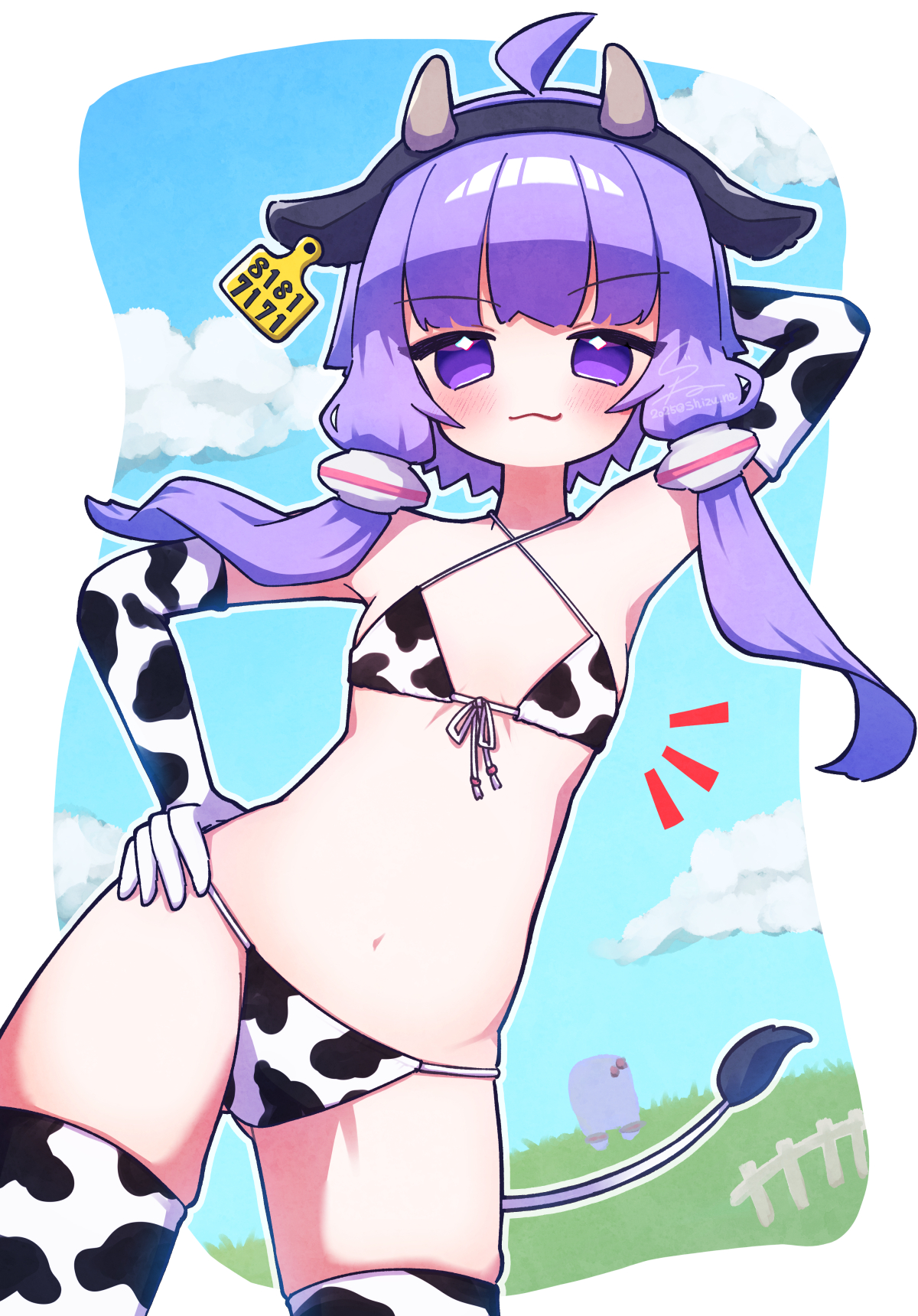 yuzuki yukari, vocaloid, voiceroid, clip studio paint (medium), commentary request, highres, 1girl, :3, ahoge, animal ear hairband, animal ears, animal print, bikini, blue sky, blush, cloud, cow ear hairband, cow ears, cow print, cow print bikini, cow print gloves, cow print thighhighs, cow tail, cowboy shot, criss-cross halter, doyagao, fake animal ears, fence, flat chest, gloves, gluteal fold, grass, hairband, halterneck, hand on own head, hand on own hip, navel, notice lines, print bikini, print gloves, print thighhighs, purple eyes, purple hair, shizu ne, short hair with long locks, sky, smug, swimsuit, tail, thighhighs, tombstone, white background, wooden fence