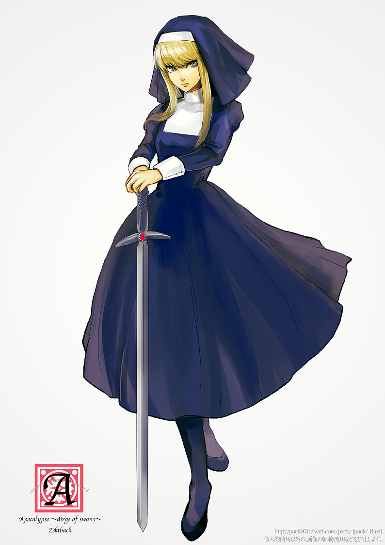 maguchimo, hannes farrugia, beatmania iidx, bemani, bad id, bad pixiv id, 1girl, blonde hair, female focus, long hair, nun, solo, sword, traditional nun, weapon