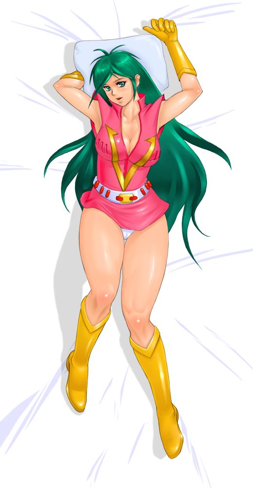 zen and retro, nanbara chizuru, choudenji robo combattler v, sunrise (company), toei company, 1970s (style), 1girl, bed sheet, belt, boots, breasts, cleavage, female focus, gloves, green eyes, green hair, large breasts, long hair, lying, matching hair/eyes, oldschool, panties, pantyshot, retro artstyle, solo, underwear, yellow boots