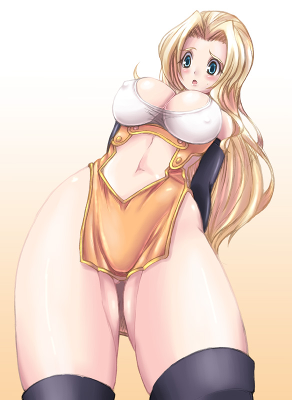 kihaiu, miranda (quiz magic academy), quiz magic academy, 1girl, blonde hair, blue eyes, breasts, cleavage, covered erect nipples, female focus, large breasts, long hair, solo, thighhighs, thighs