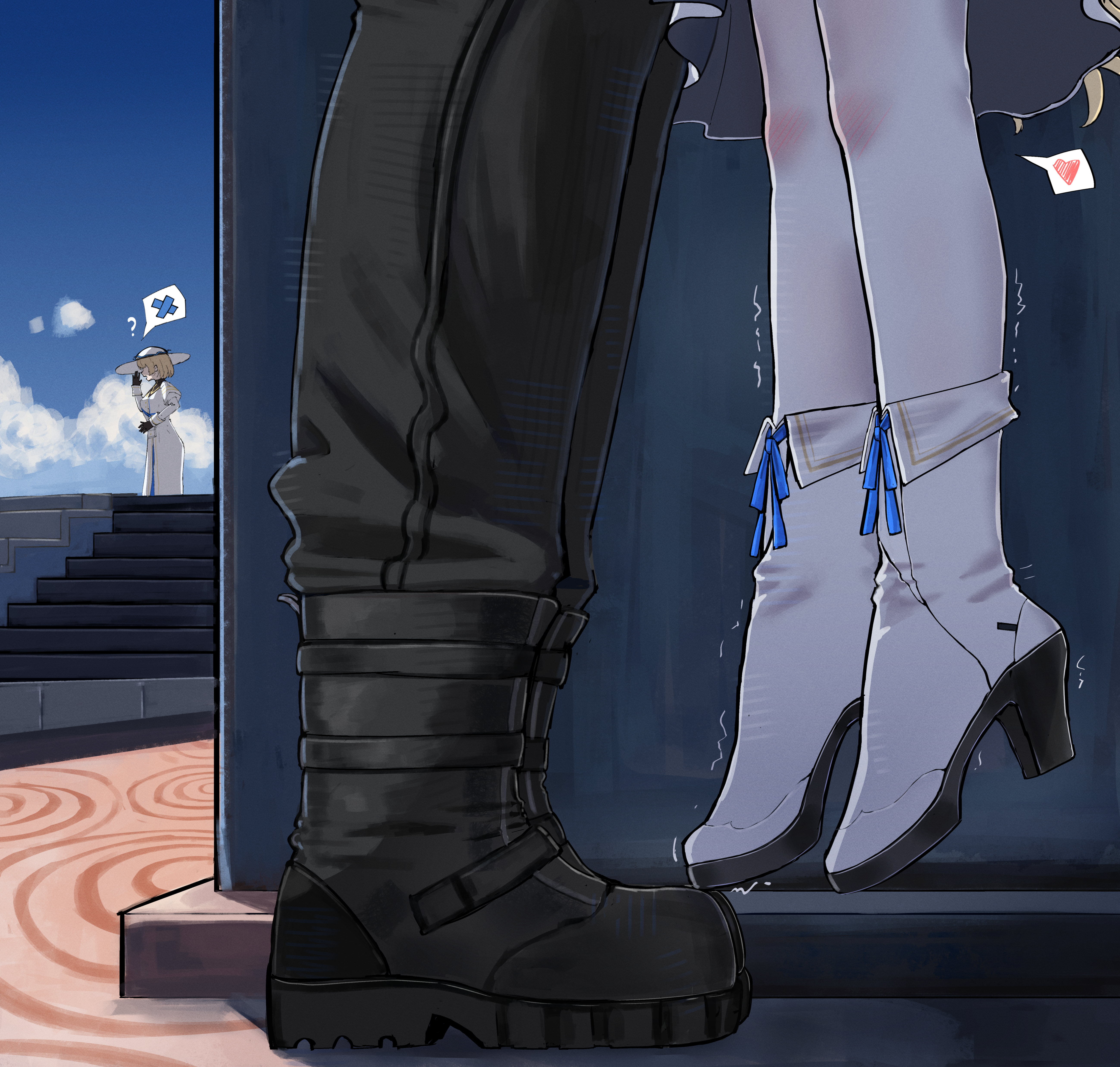 2na (blue2na), male rover (wuthering waves), phoebe (wuthering waves), rover (wuthering waves), wuthering waves, absurdres, commentary, english commentary, highres, 1boy, 2girls, ?, black boots, black pants, blue sky, boots, day, footwear focus, hanging legs, heart, height difference, hetero, implied hetero, implied kiss, knee blush, multiple girls, outdoors, pants, pantyhose, sky, spoken heart, trembling, white boots, white pantyhose
