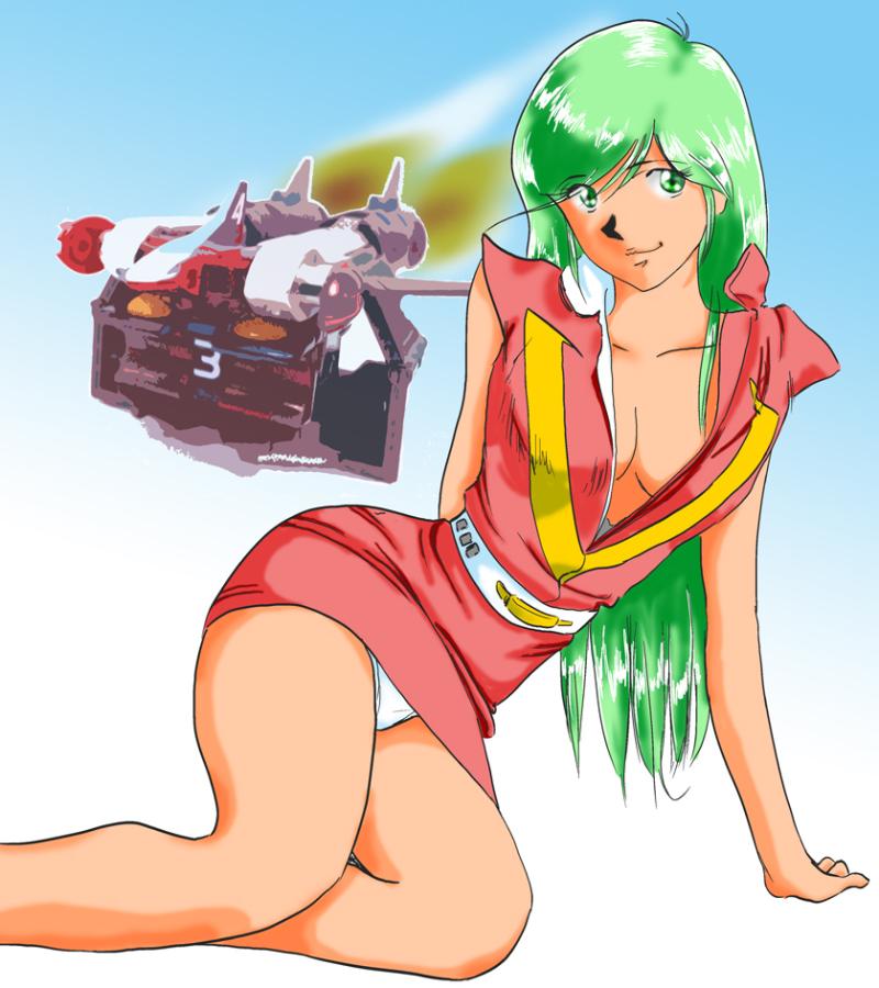 nanbara chizuru, choudenji robo combattler v, sunrise (company), toei company, 1970s (style), 1girl, breasts, cleavage, female focus, green eyes, green hair, matching hair/eyes, mecha, oldschool, retro artstyle, robot, smile, solo