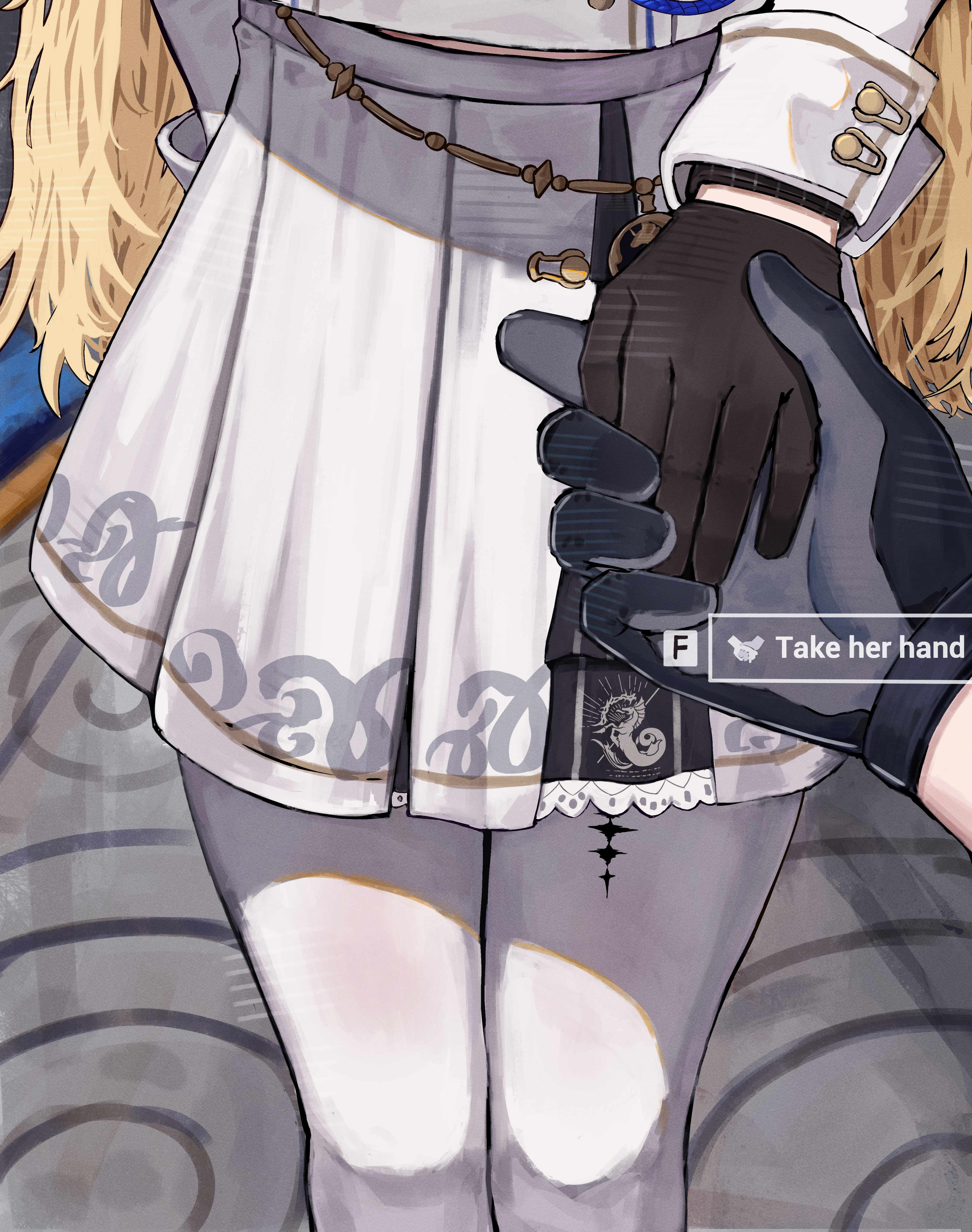 2na (blue2na), male rover (wuthering waves), phoebe (wuthering waves), rover (wuthering waves), wuthering waves, absurdres, commentary, english commentary, highres, 1boy, 1girl, black gloves, blonde hair, gloves, hetero, high-waist skirt, long hair, long sleeves, pantyhose, pov, pov hands, skirt, tacet mark (wuthering waves), taking another's hand, very long hair, white pantyhose, white skirt