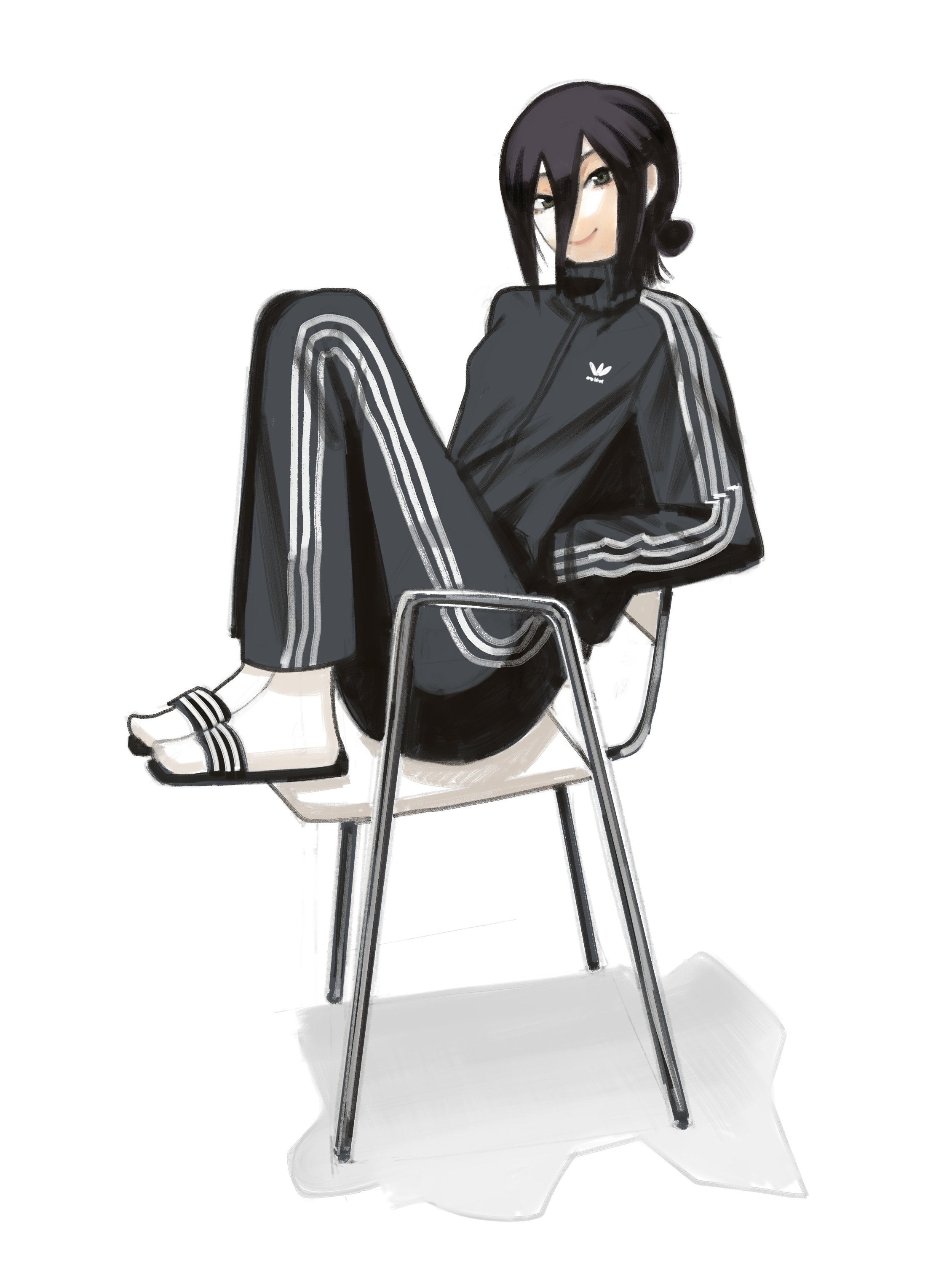 xyanaid, reze (chainsaw man), adidas, chainsaw man, absurdres, commentary, english commentary, highres, 1girl, alternate costume, black eyes, black hair, black jacket, black pants, chair, closed mouth, hair bun, hands in pockets, jacket, looking at viewer, on chair, pants, sandals, simple background, sitting, smile, socks, solo, track jacket, track pants, track suit, white background, white socks