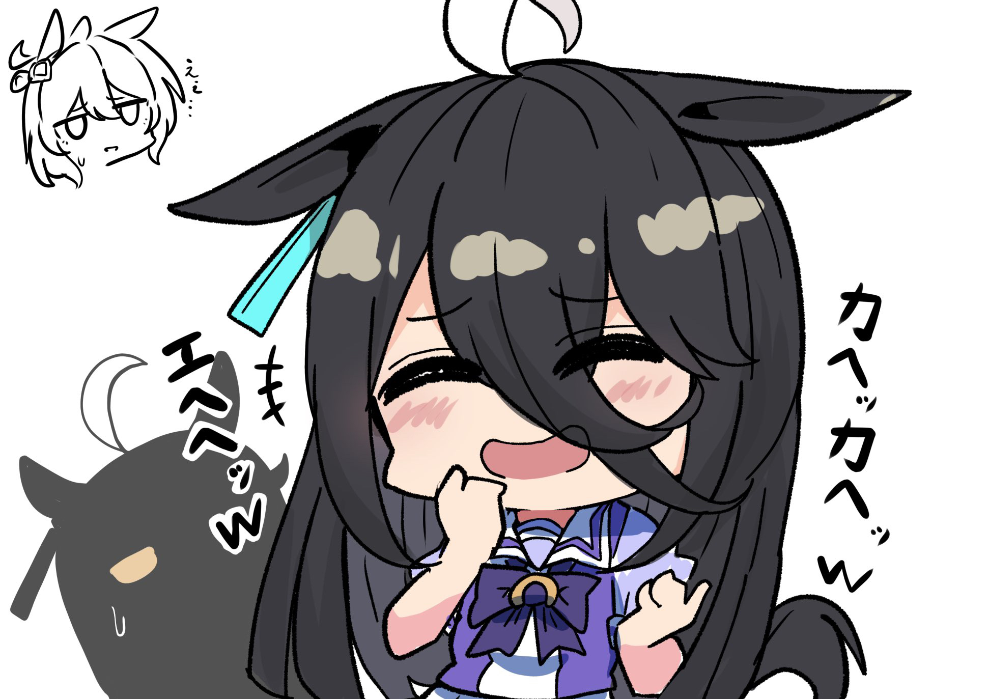 kawamochi (tddm3573), agnes tachyon (umamusume), manhattan cafe (umamusume), umamusume, highres, translation request, +++, 2girls, :d, ^ ^, ahoge, animal ears, black hair, blush, bow, chibi, closed eyes, ears down, eyes visible through hair, facing viewer, hair between eyes, horse ears, horse girl, horse tail, long hair, multicolored hair, multiple girls, open mouth, puffy short sleeves, puffy sleeves, purple bow, purple shirt, school uniform, shirt, short sleeves, simple background, skirt, small sweatdrop, smile, sweat, tail, tracen school uniform, two-tone hair, very long hair, white background, white hair, white skirt