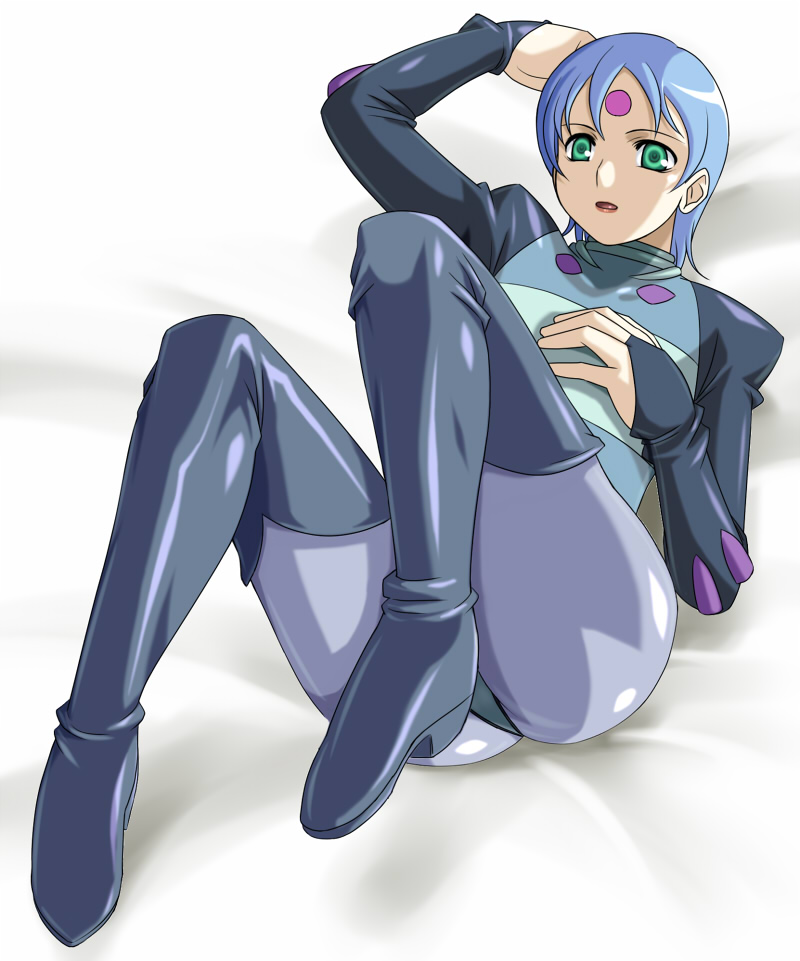 muhi11234, ryss, zoids, zoids chaotic century, 1girl, ass, bed, blue hair, bodysuit, boots, female focus, full body, gradient background, green eyes, lipstick, lying, makeup, short hair, solo, thigh boots, thighhighs, white background
