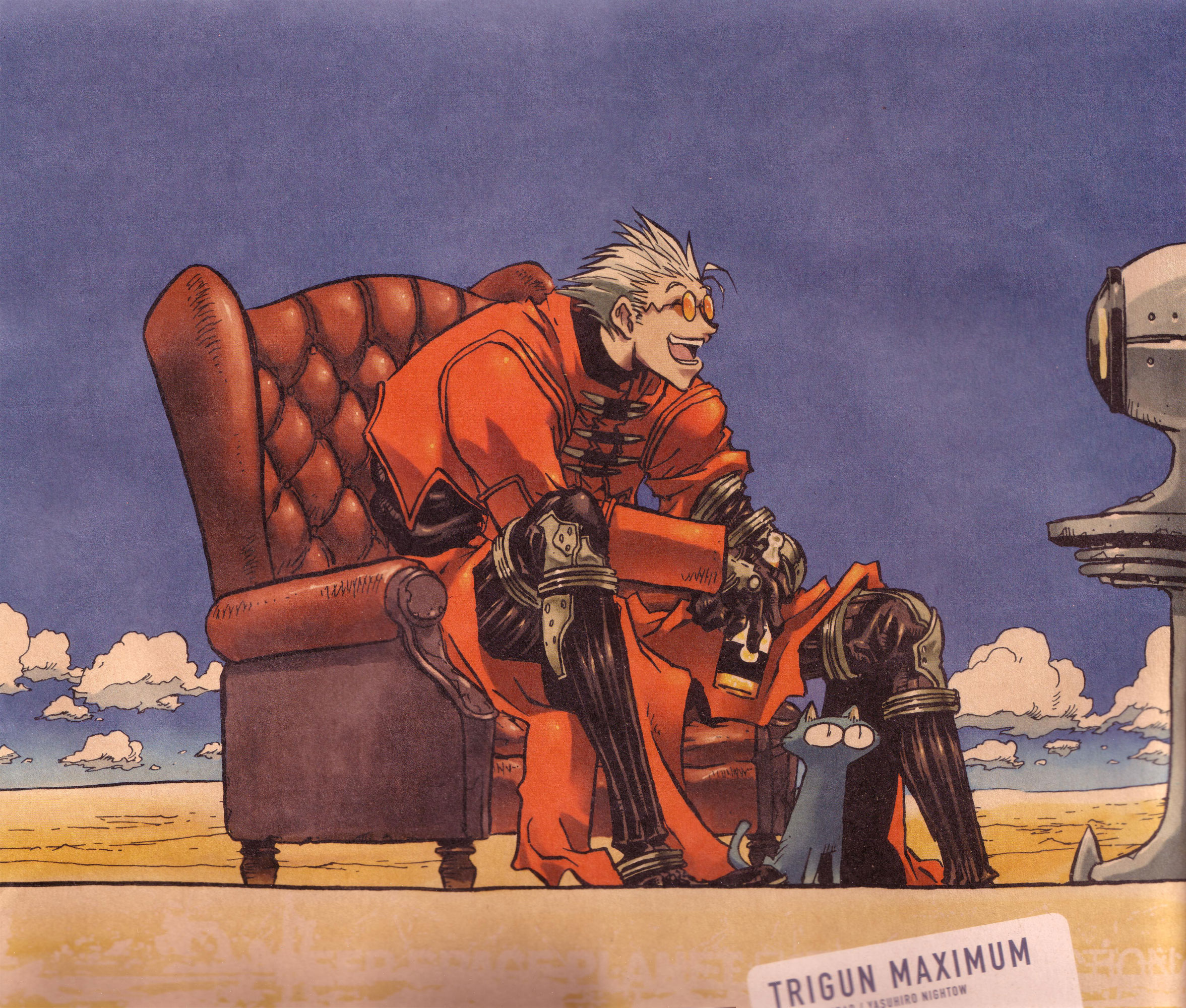 kuroneko (trigun), vash the stampede, trigun, trigun maximum, black legwear, silver hair, highres, 1boy, :d, ^ ^, alcohol, armchair, beer, black cat, black gloves, blonde hair, blue sky, can, cat, chair, closed eyes, cloud, coat, copyright name, day, desert, drink, facing away, from side, glasses, gloves, high collar, jacket, laughing, leaning forward, long coat, long sleeves, male focus, manly, mechanical arms, mechanical legs, open mouth, outdoors, own hands together, prosthesis, prosthetic arm, prosthetic leg, red coat, red jacket, red upholstery, short hair, single mechanical arm, single mechanical leg, sitting, sky, smile, solo, spiked hair, sunglasses, television, tinted eyewear, yellow-tinted eyewear