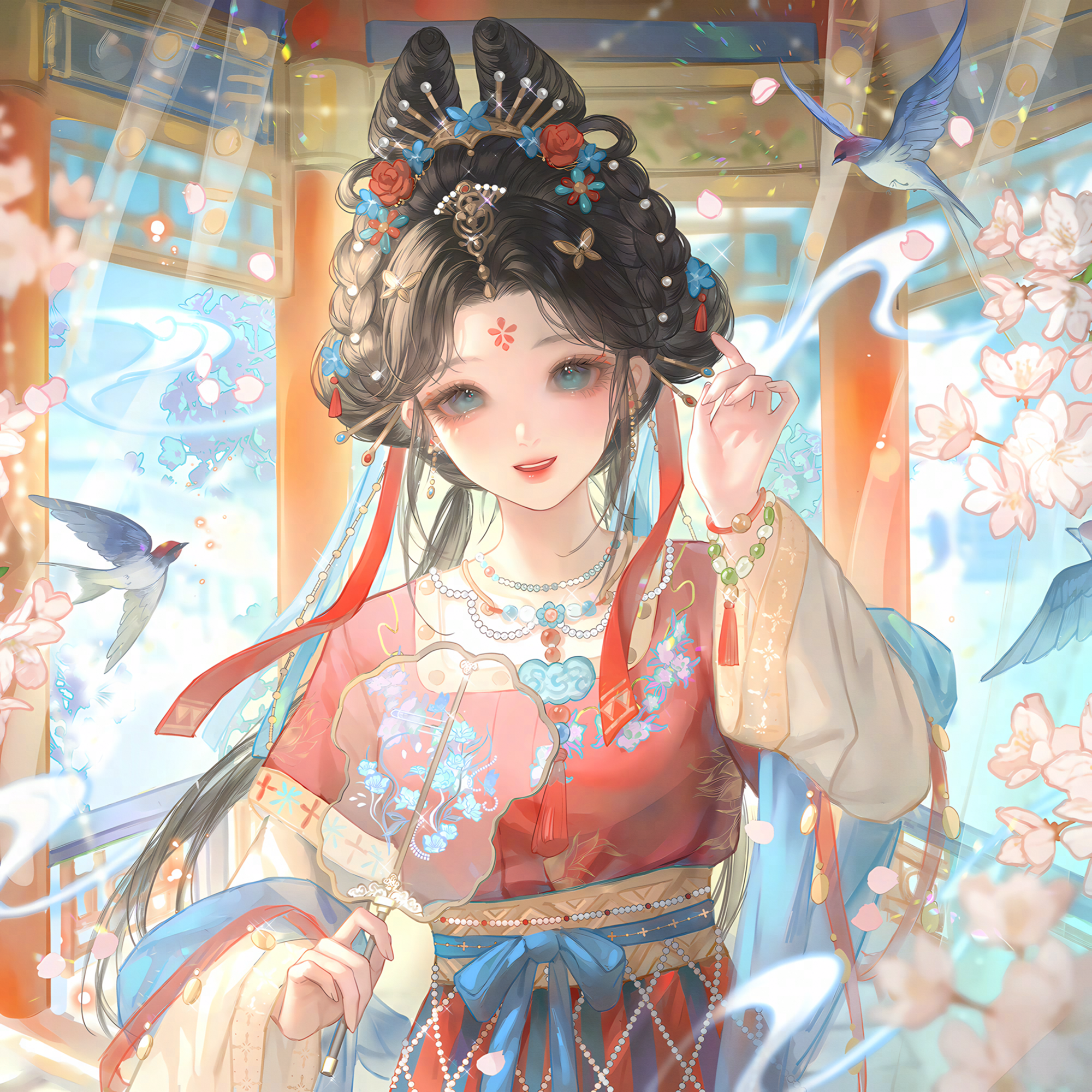 huposuan, original, highres, large variant set, variant set, 1girl, bead bracelet, bead necklace, beads, bird, black hair, bracelet, chinese clothes, dress, earrings, facial mark, falling petals, flower, forehead mark, hair flower, hair ornament, hair rings, hand fan, hand up, hanfu, holding, jewelry, long hair, long sleeves, looking at viewer, necklace, petals, sash, smile, solo, upper body