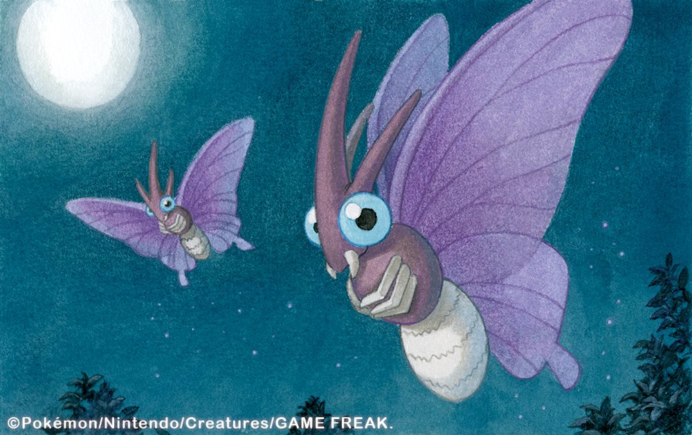 nakai mina, venomoth, nintendo, pokemon, pokemon tcg, commentary request, official art, animal focus, bug, character name, company name, copyright notice, flying, full body, full moon, gen 1 pokemon, moon, night, no humans, outdoors, tree
