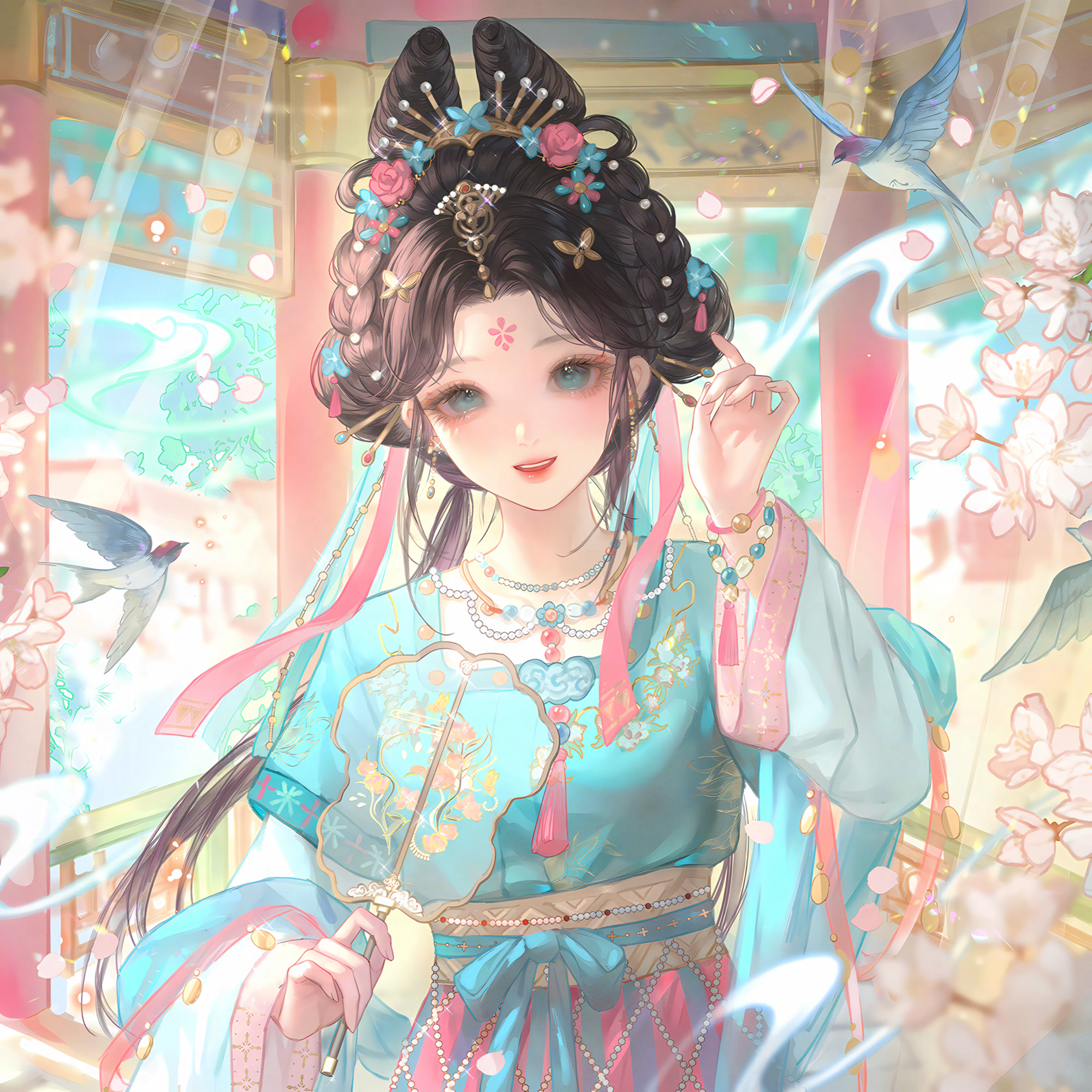 huposuan, original, highres, large variant set, variant set, 1girl, bead bracelet, bead necklace, beads, bird, black hair, blue dress, bracelet, braid, chinese clothes, dress, earrings, facial mark, falling petals, flower, forehead mark, hair flower, hair ornament, hair rings, hand fan, hanfu, holding, jewelry, long hair, long sleeves, looking at viewer, necklace, petals, pink flower, sash, smile, solo, tassel, teeth, upper body
