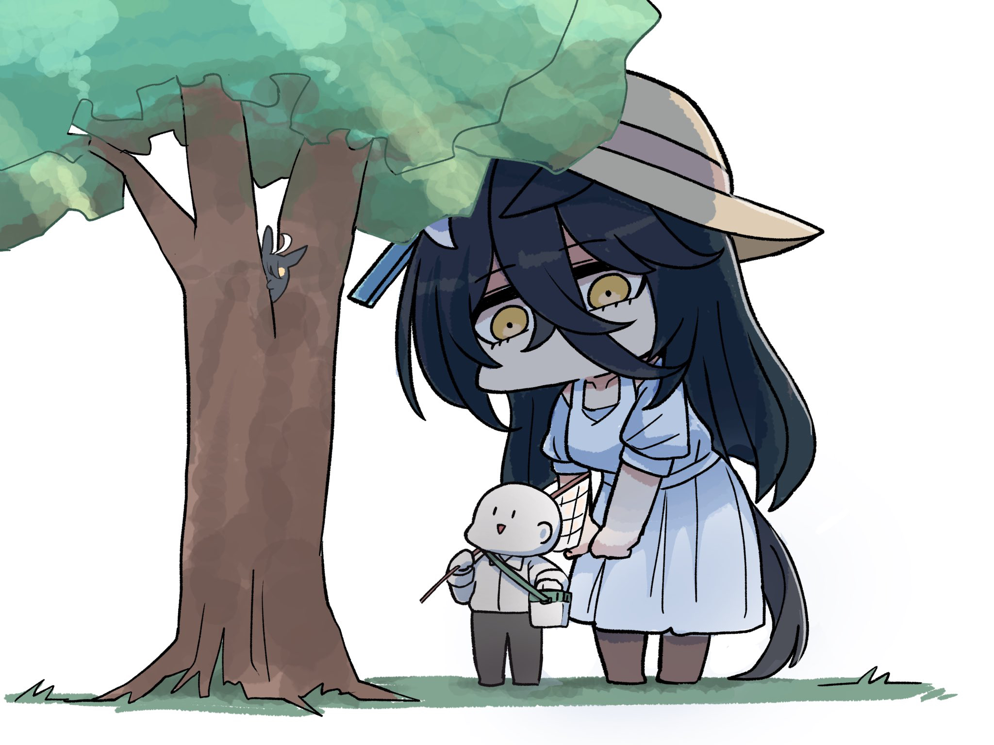 kawamochi (tddm3573), hasshaku-sama, manhattan cafe (umamusume), trainer (umamusume), japanese urban legends, umamusume, highres, 1boy, 1girl, :>, ahoge, animal ears, black hair, black pants, brown hat, brown pantyhose, bug cage, butterfly net, chibi, collared shirt, dress, dress shirt, ears down, hair between eyes, hand net, hat, holding, horse ears, horse girl, horse tail, long hair, no shoes, pants, pantyhose, parted lips, puffy short sleeves, puffy sleeves, shirt, short sleeves, smile, tail, tall female, tree, triangle mouth, very long hair, white background, white dress, white hair, white shirt, yellow eyes, | |
