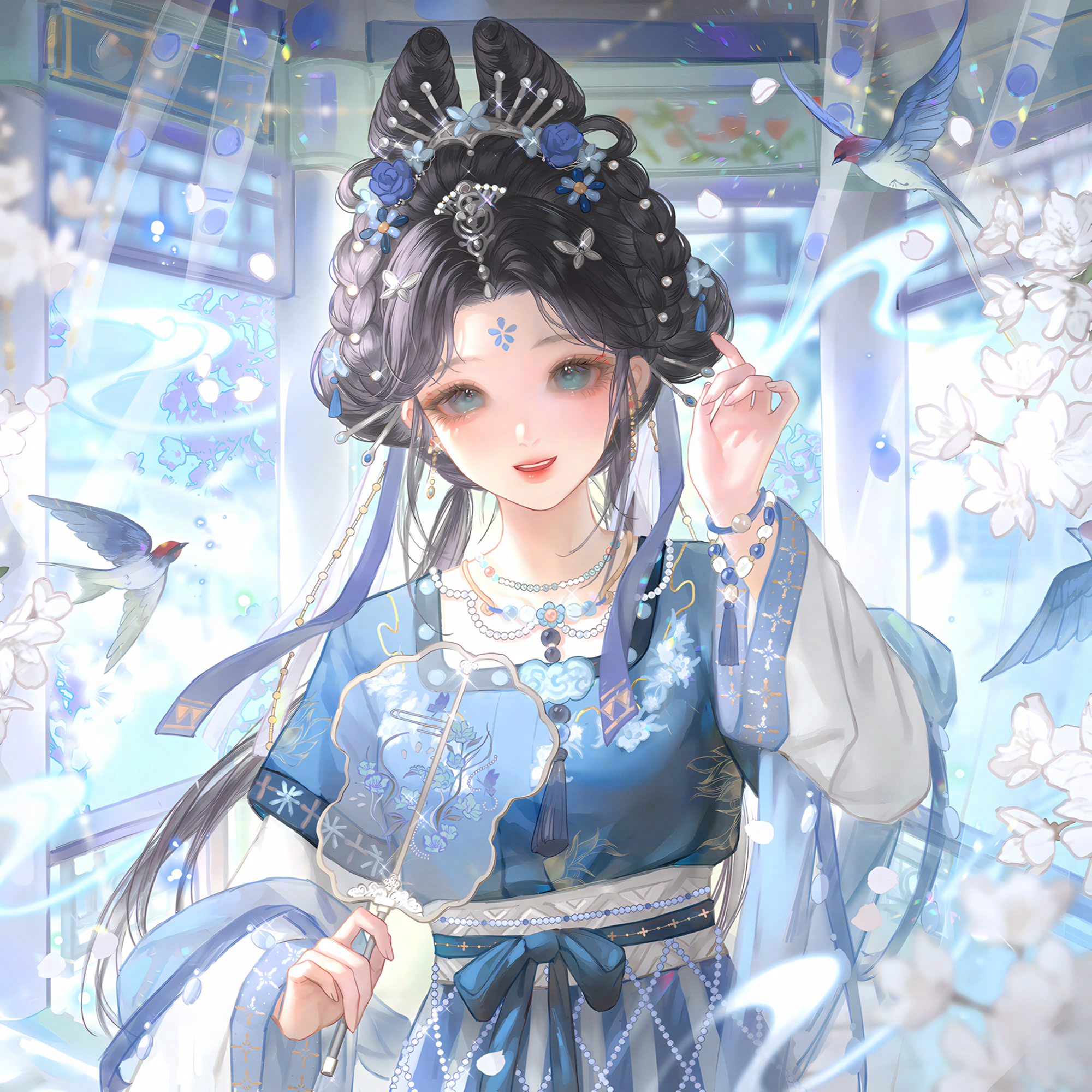 huposuan, original, highres, large variant set, variant set, 1girl, beads, bird, black hair, blue dress, chinese clothes, dress, earrings, facial mark, flower, forehead mark, hair flower, hair ornament, hair rings, hanfu, holding, jewelry, long hair, long sleeves, looking at viewer, necklace, smile, solo, upper body