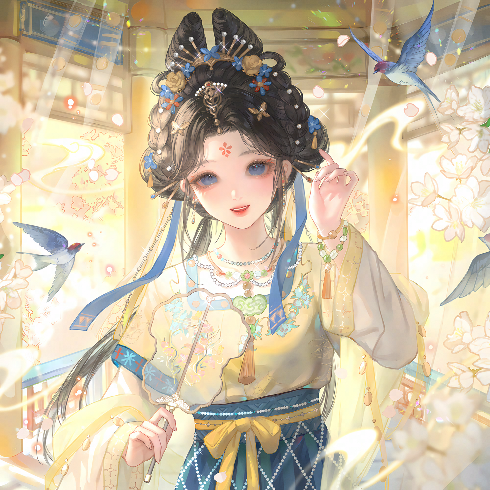 huposuan, original, highres, large variant set, variant set, 1girl, bead bracelet, bead necklace, beads, bird, black hair, blue eyes, bracelet, chinese clothes, earrings, facial mark, flower, forehead mark, hair ornament, hair rings, hand up, holding, jewelry, long hair, long sleeves, looking at viewer, necklace, petals, ribbon, sash, smile, solo, upper body