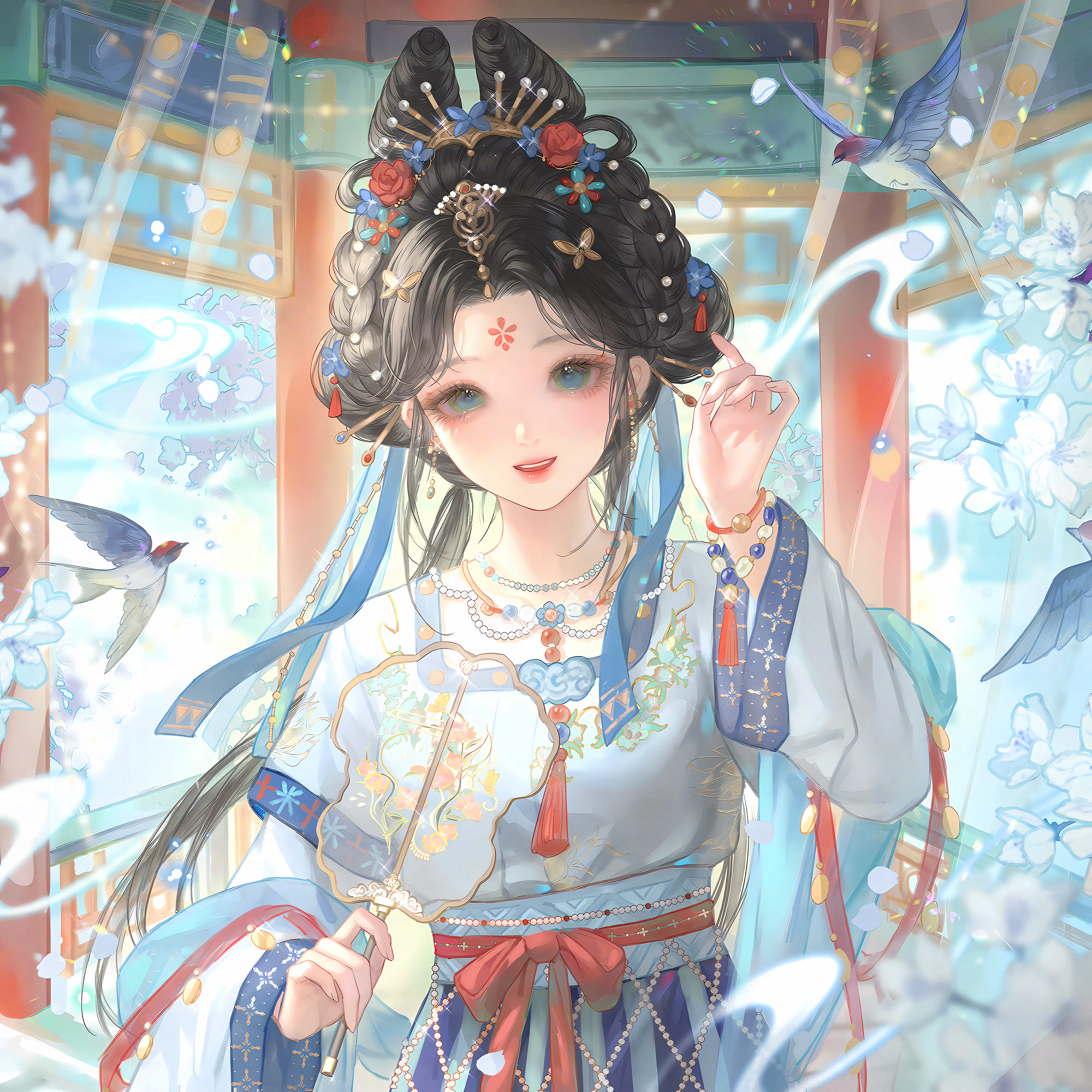 huposuan, original, highres, large variant set, variant set, 1girl, bead bracelet, bead necklace, beads, bird, black hair, bracelet, braid, chinese clothes, earrings, facial mark, flower, forehead mark, hair flower, hair ornament, hair rings, hand fan, hand up, hanfu, holding, jewelry, long hair, long sleeves, looking at viewer, necklace, petals, ribbon, sash, smile, solo, tassel, upper body