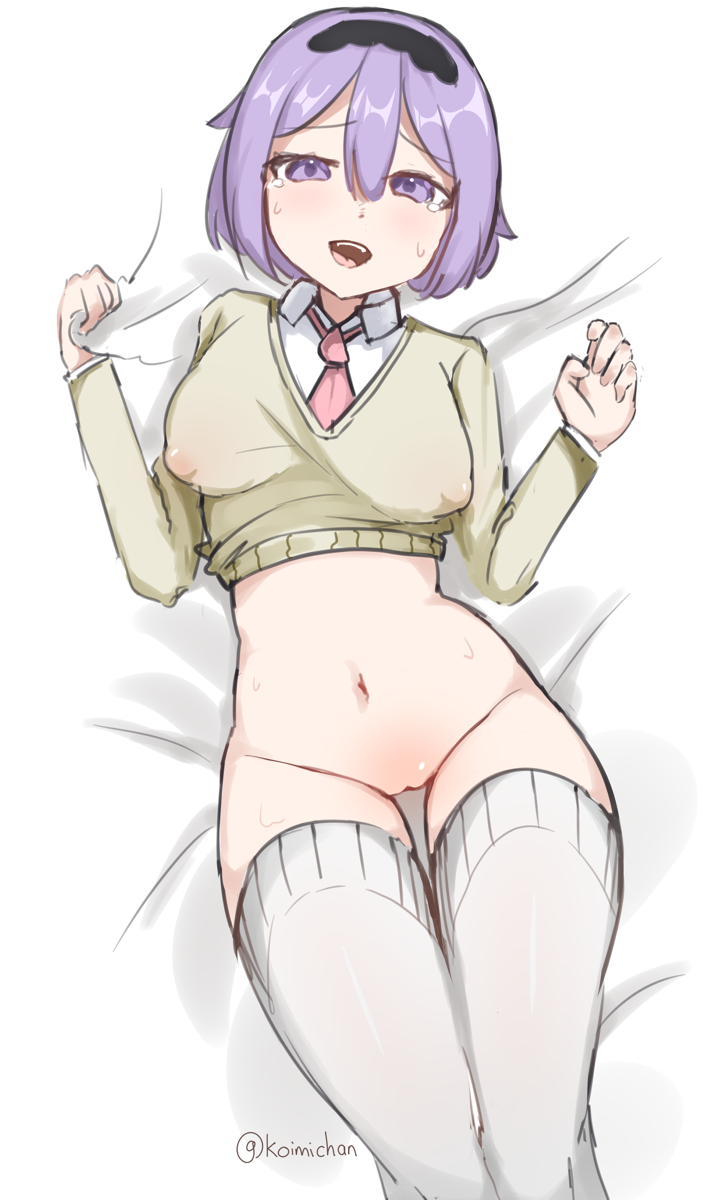 absurdres, highres, non-web source, bed, belly, black hairband, breasts, covered erect nipples, dakimakura (medium), hairband, koimi, looking at viewer, lying, medium breasts, navel, nipples, pelvic curtain, purple eyes, purple hair, pussy, school uniform, short hair, socks, sweat, sweater, thighhighs, white socks, wide hips