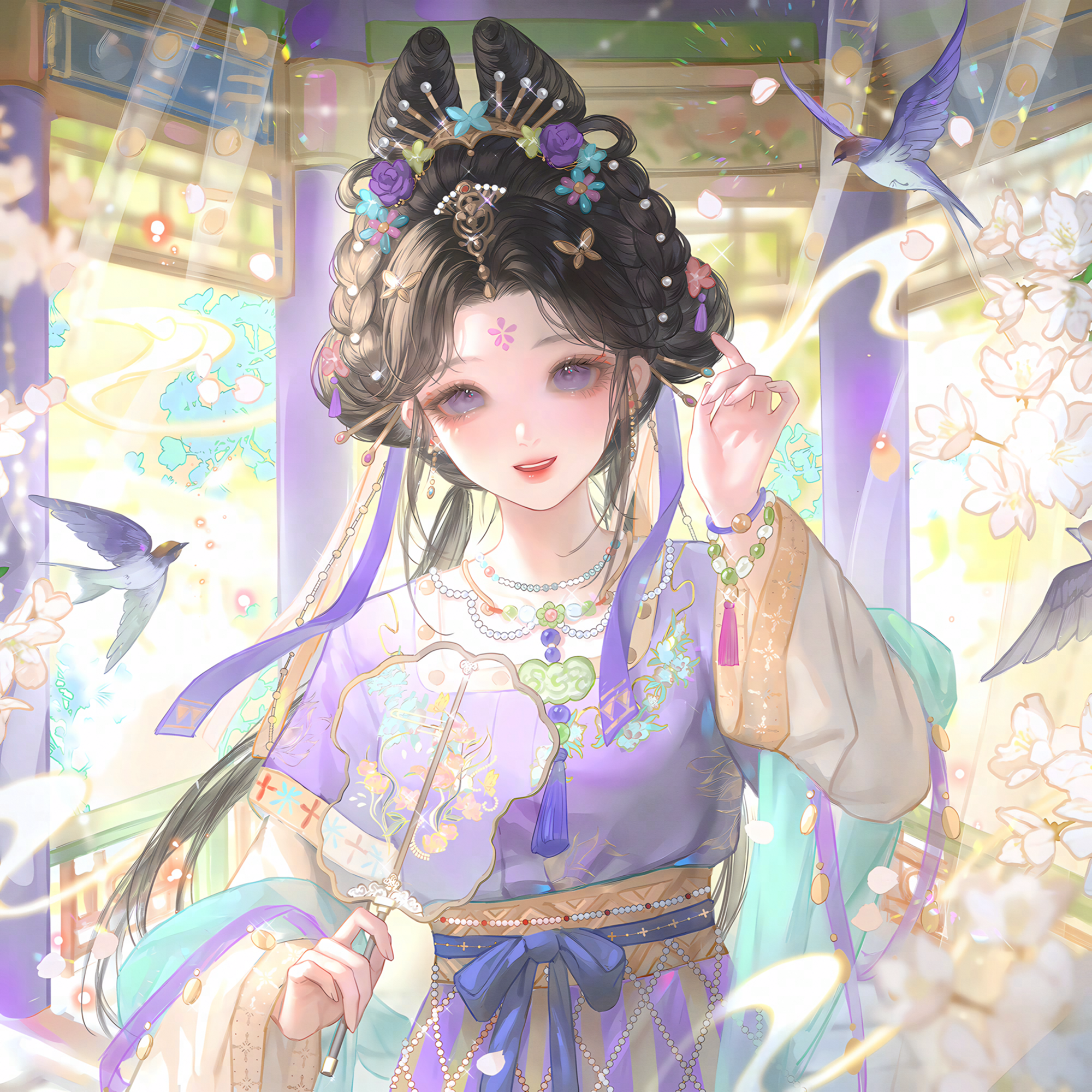 huposuan, original, highres, large variant set, variant set, 1girl, beads, bird, black hair, bracelet, chinese clothes, dress, earrings, facial mark, falling petals, flower, forehead mark, hair ornament, hanfu, jewelry, long hair, long sleeves, looking at viewer, necklace, petals, purple dress, purple eyes, sash, smile, solo, upper body