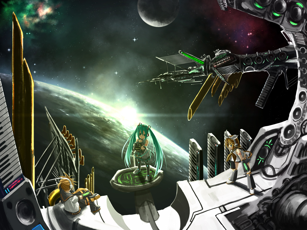 kouji (astral reverie), hatsune miku, kagamine len, kagamine rin, vocaloid, 1boy, 2girls, brother and sister, detached sleeves, green eyes, green hair, long hair, moon, multiple girls, siblings, space, spacecraft, star (sky), star (symbol), twins, twintails