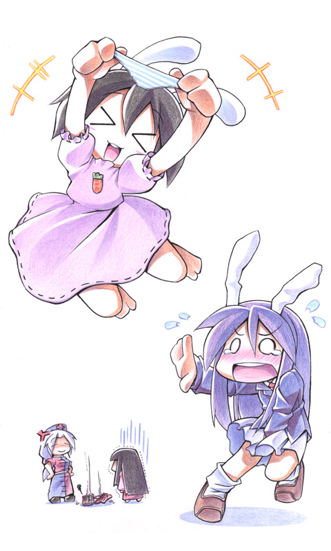 uccow, houraisan kaguya, inaba tewi, reisen udongein inaba, yagokoro eirin, touhou, bad id, bad pixiv id, > <, 4girls, angry, animal ears, black hair, blazer, blush, broken, chibi, closed eyes, clothes theft, computer, female focus, hat, holding, holding panties, holding underwear, holding unworn clothes, jacket, long hair, multiple girls, no panties, panties, purple hair, rabbit ears, short hair, skirt, striped clothes, striped panties, tears, theft, underwear, underwear theft, unworn panties, white hair