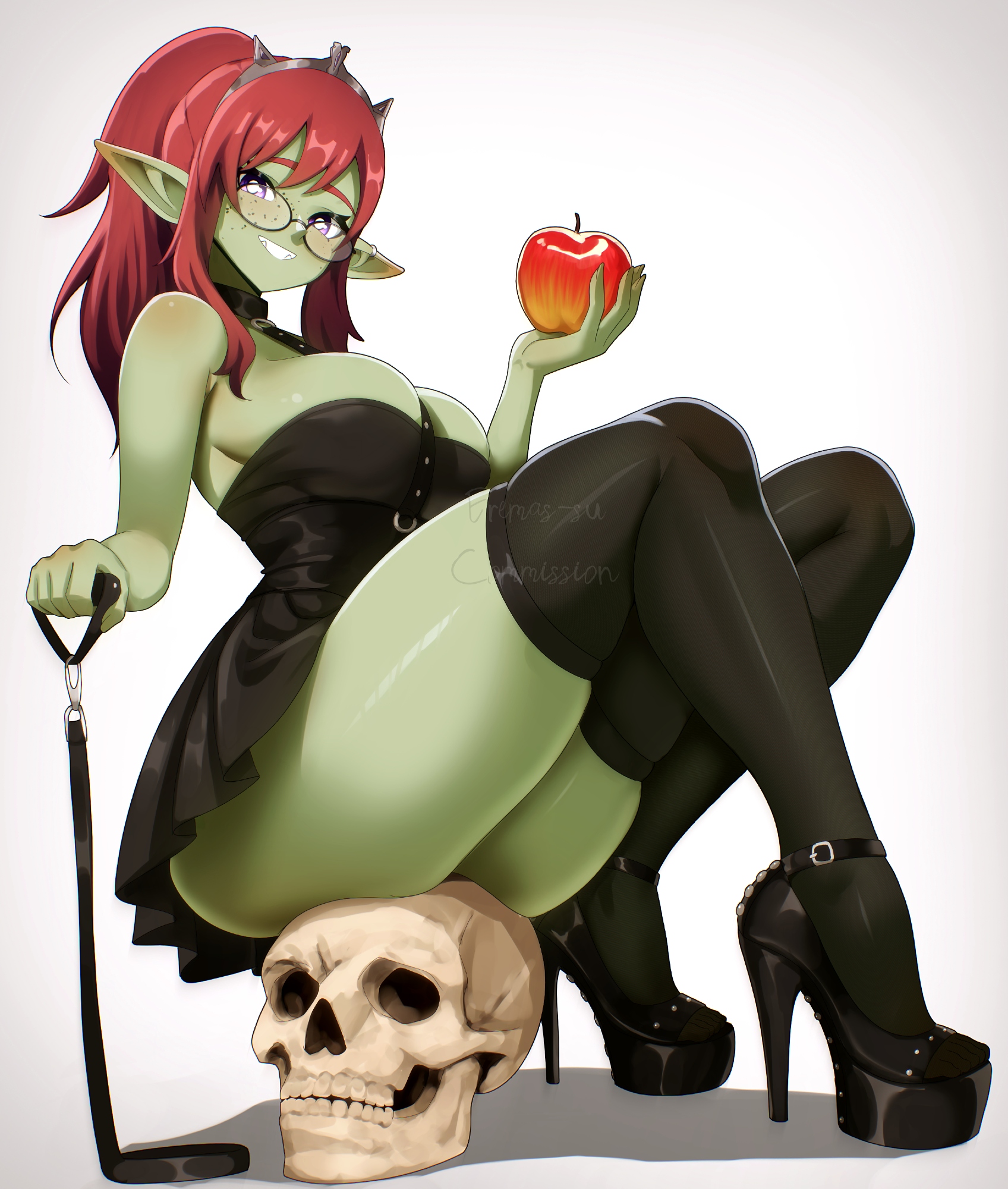 eremas-su, original, commission, highres, 1girl, apple, ass, black dress, black thighhighs, blush, breasts, cleavage, colored skin, dominatrix, dress, female goblin, food, freckles, from below, fruit, full body, glasses, goblin, green skin, high heels, holding, holding food, holding fruit, holding leash, large breasts, leash, looking at viewer, medium hair, open mouth, pointy ears, ponytail, purple eyes, red hair, shadow, sideboob, simple background, sitting, skindentation, skull, smile, solo, stiletto heels, teeth, thighhighs, white background