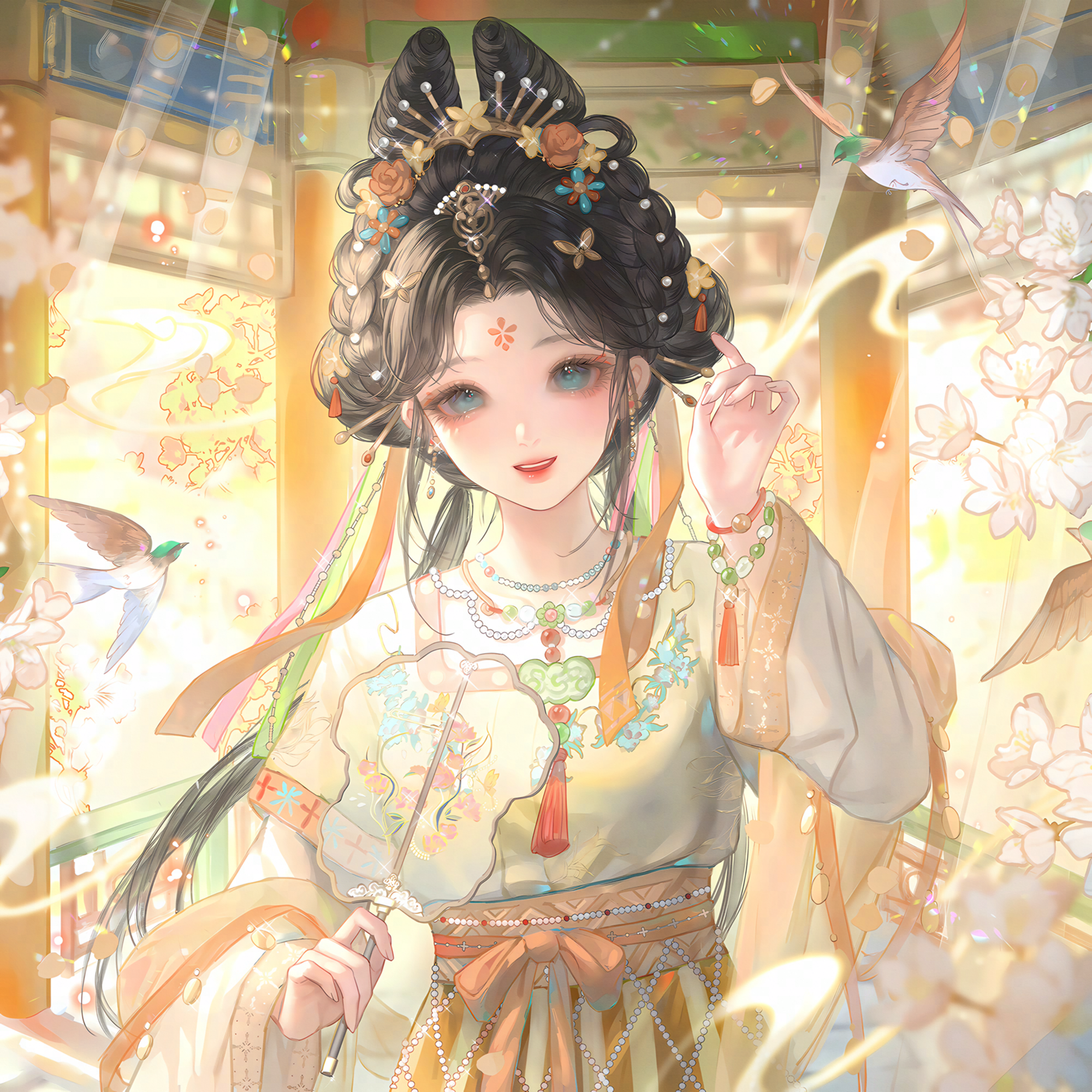 huposuan, original, highres, large variant set, variant set, 1girl, bead bracelet, bead necklace, beads, bird, black hair, bracelet, chinese clothes, dress, earrings, facial mark, flower, forehead mark, hair ornament, hair rings, hand up, hanfu, holding, jewelry, long hair, long sleeves, looking at viewer, necklace, sash, smile, solo, tassel, teeth, upper body