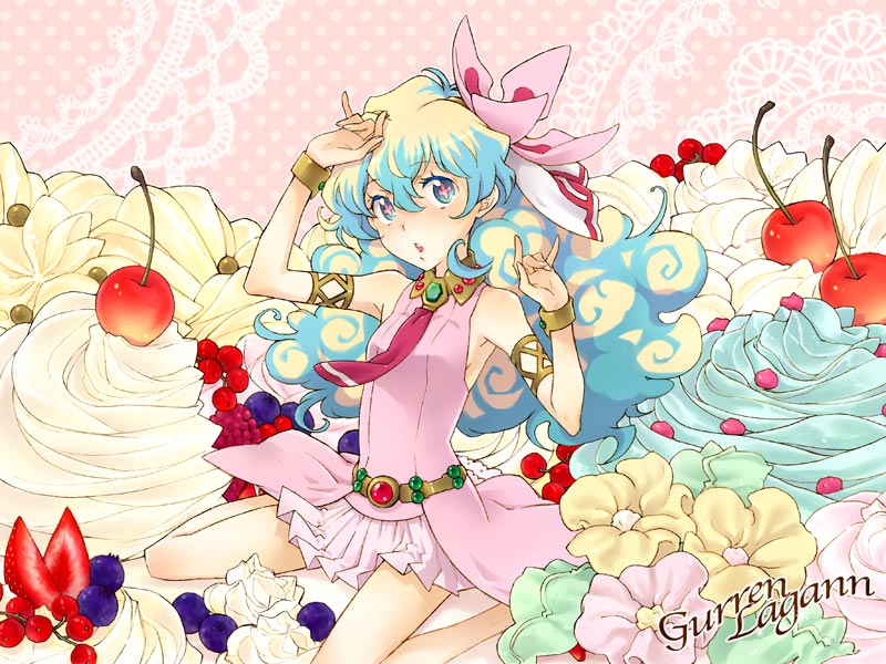 ogretree, saikachi, saikachi (ogre tree), nia teppelin, tengen toppa gurren lagann, 00s, 1girl, blonde hair, blue eyes, cherry, dessert, female focus, food, fruit, long hair, multicolored hair, necktie, sitting, solo, square-end necktie, two-tone hair