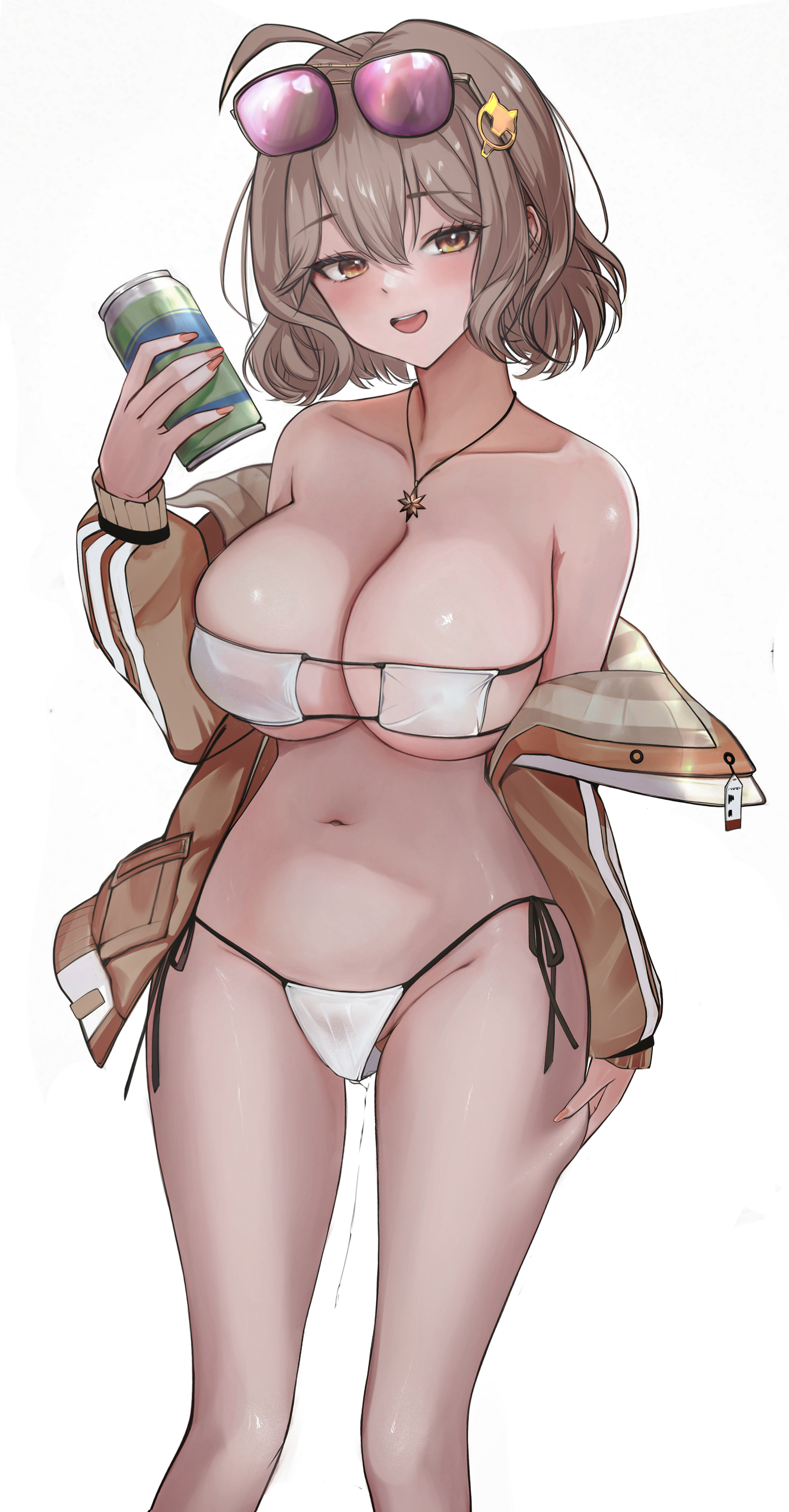 462vvv, anis (nikke), anis (sparkling summer) (nikke), goddess of victory: nikke, absurdres, commentary request, highres, 1girl, ahoge, bare shoulders, bikini, breasts, brown eyes, brown hair, can, cleavage, eyepatch bikini, eyewear on head, holding, holding can, jacket, jewelry, large breasts, looking at viewer, navel, necklace, official alternate costume, short hair, simple background, solo, stomach, sunglasses, swimsuit, white background, white bikini, yellow jacket