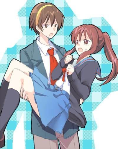 ayamoto, kyonko, suzumiya haruhiko, suzumiya haruhi no yuuutsu, suzumiya haruhiko no yuuutsu, 00s, 1boy, 1girl, carrying, genderswap, genderswap (ftm), genderswap (mtf), ponytail, princess carry, school uniform, serafuku