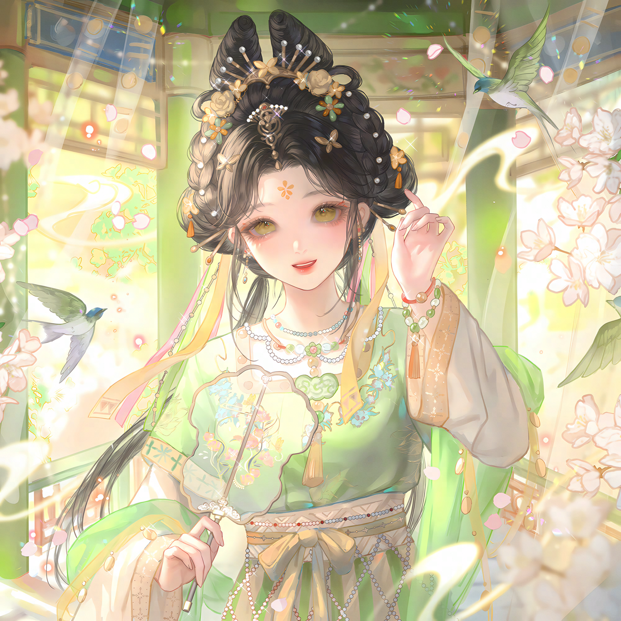 huposuan, original, highres, large variant set, variant set, 1girl, bead bracelet, bead necklace, beads, bird, black hair, bracelet, braid, chinese clothes, dress, earrings, facial mark, falling petals, flower, forehead mark, green dress, hair ornament, hair rings, hand up, hanfu, holding, jewelry, layered sleeves, long hair, long sleeves, looking at viewer, necklace, petals, smile, solo, teeth, upper body