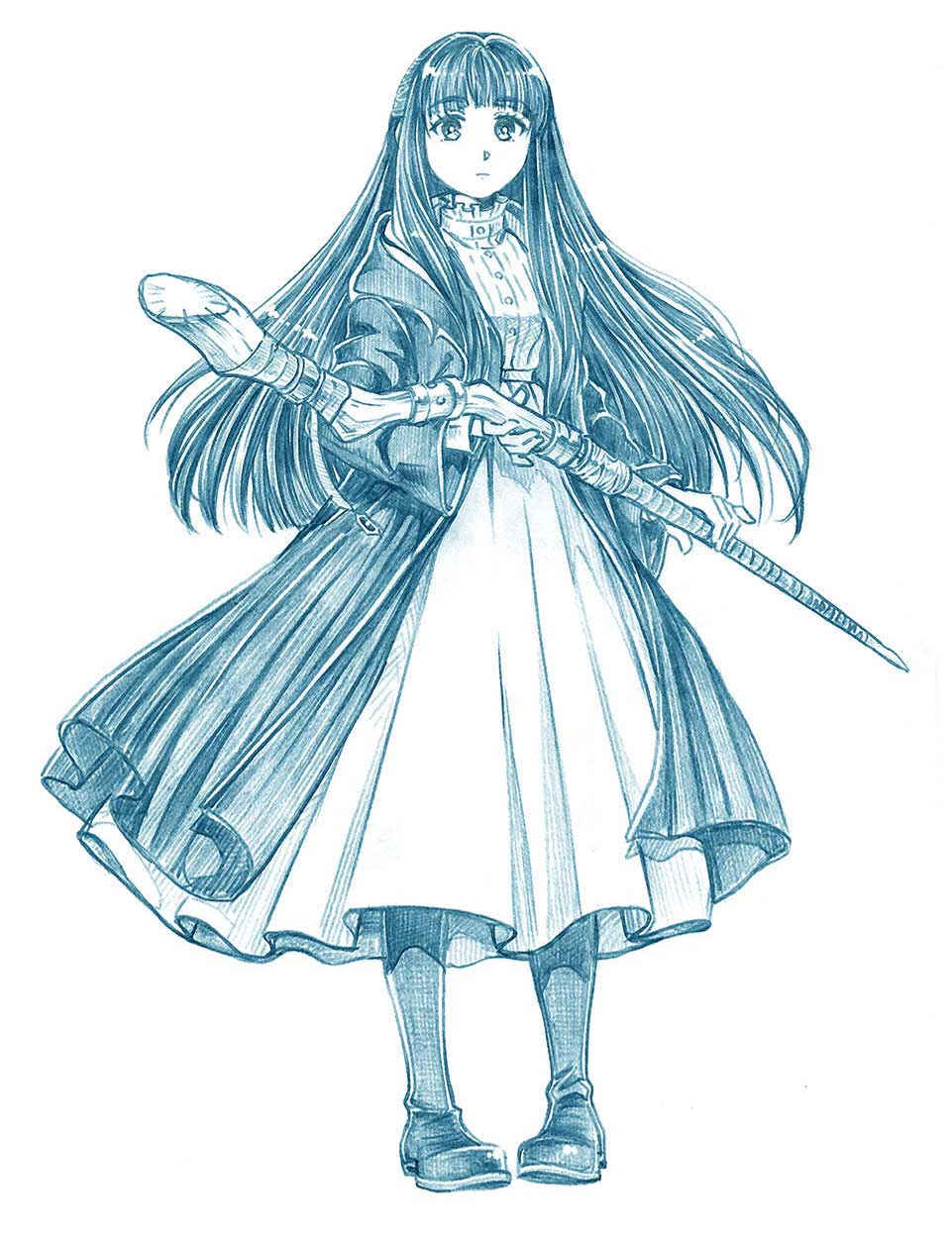bbb (friskuser), fern (sousou no frieren), sousou no frieren, commentary, highres, revision, 1girl, boots, bright pupils, collar, dress, frilled shirt collar, frills, full body, holding, holding staff, knee boots, long hair, looking at viewer, robe, sidelocks, simple background, solo, staff