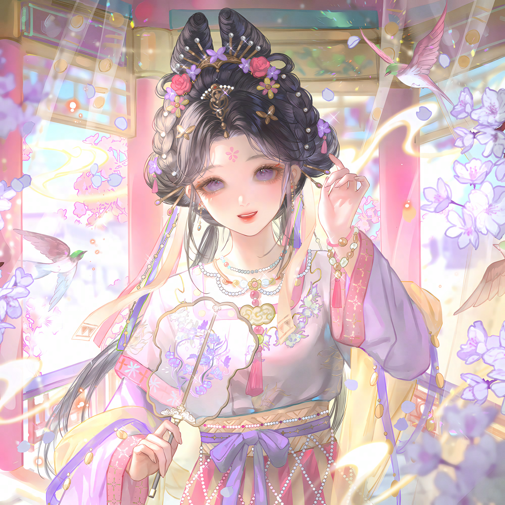 huposuan, original, highres, large variant set, variant set, 1girl, bead necklace, beads, bird, black hair, bracelet, braid, chinese clothes, earrings, facial mark, falling petals, flower, forehead mark, hair flower, hair ornament, hand up, hanfu, holding, jewelry, long hair, long sleeves, looking at viewer, necklace, petals, purple eyes, purple flower, sash, smile, solo, streamers, tassel, upper body