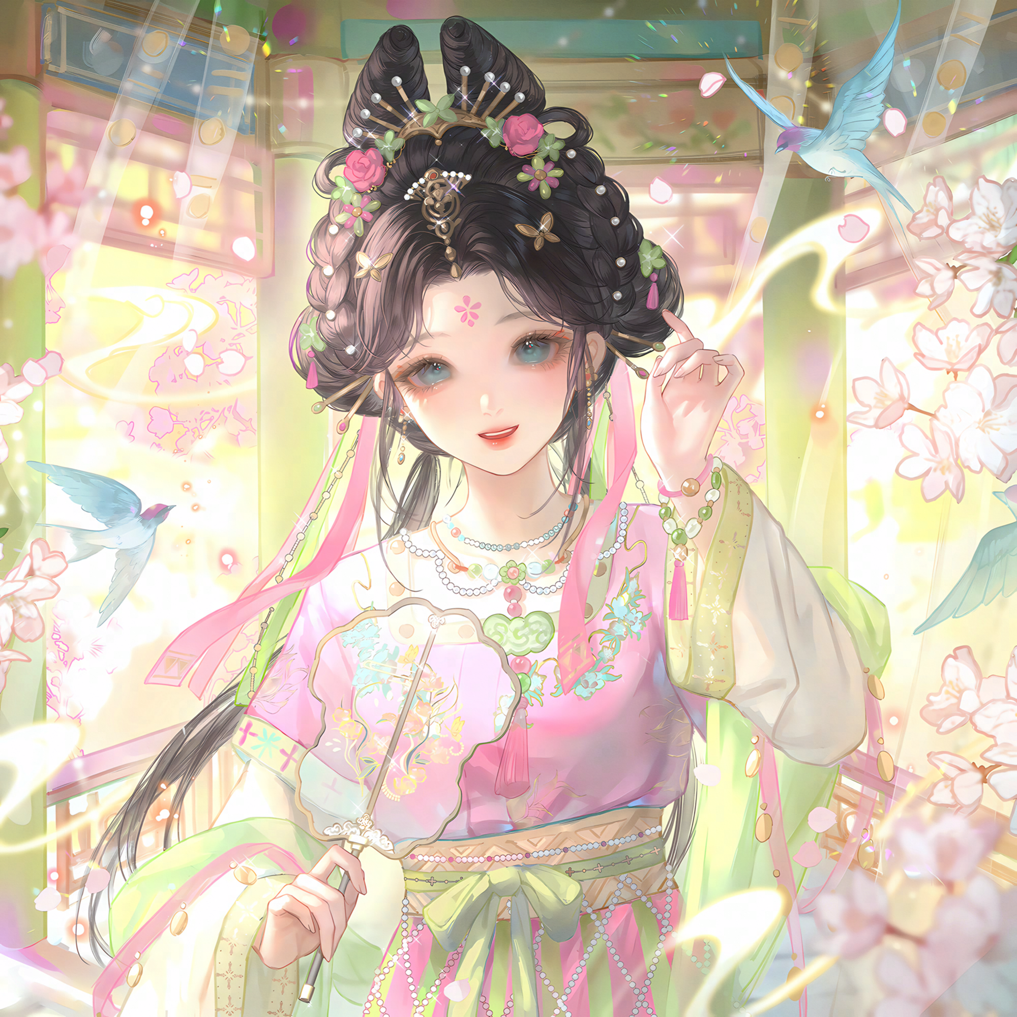 huposuan, original, highres, large variant set, variant set, 1girl, bead necklace, beads, bird, black hair, bracelet, braid, chinese clothes, dress, earrings, facial mark, falling petals, flower, forehead mark, hair flower, hair ornament, hair rings, hand up, hanfu, holding, jewelry, long hair, long sleeves, looking at viewer, necklace, petals, pink flower, sash, smile, solo, streamers, teeth, upper body