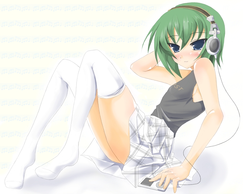 kuro inu, kuroinu (sonoba shinogi), iwasaki minami, lucky star, 00s, 1girl, blue eyes, blush, female focus, green hair, headphones, short hair, solo, thighhighs