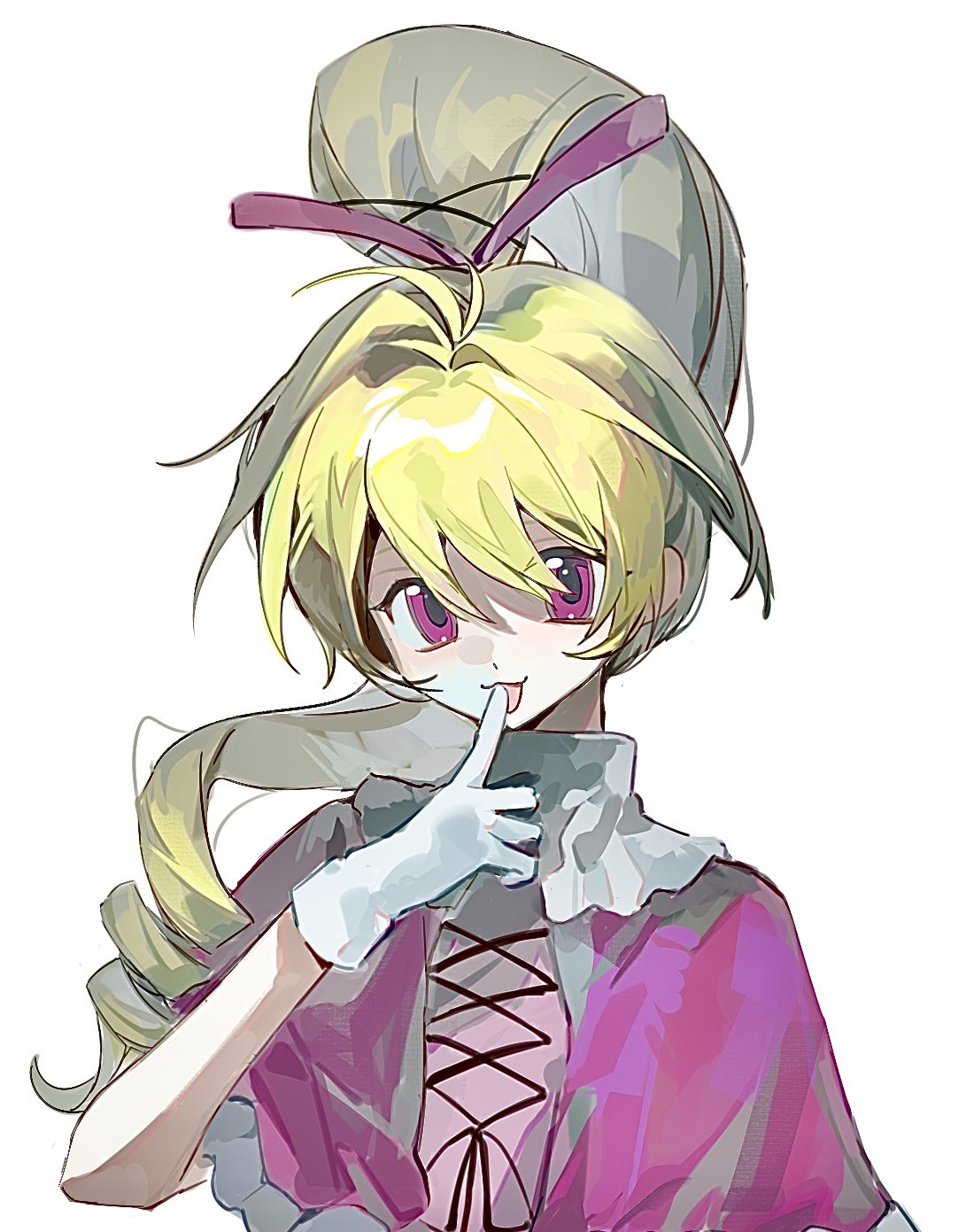 feiwusheng, biscuit krueger, hunter x hunter, highres, 1girl, blonde hair, capelet, dress, gloves, hair ribbon, hand up, high ponytail, index finger raised, long hair, looking at viewer, open mouth, pink dress, pink eyes, ponytail, ribbon, sidelocks, simple background, smile, solo, upper body, white background, white gloves