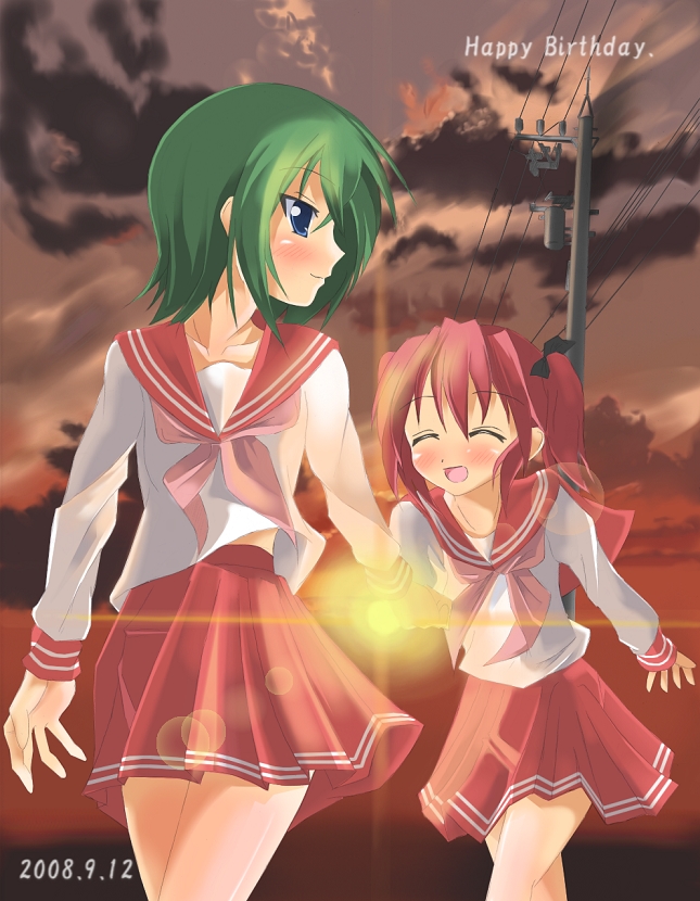 kuro inu, kuroinu (sonoba shinogi), iwasaki minami, kobayakawa yutaka, lucky star, 00s, 2girls, blush, multiple girls, school uniform, serafuku, sunset