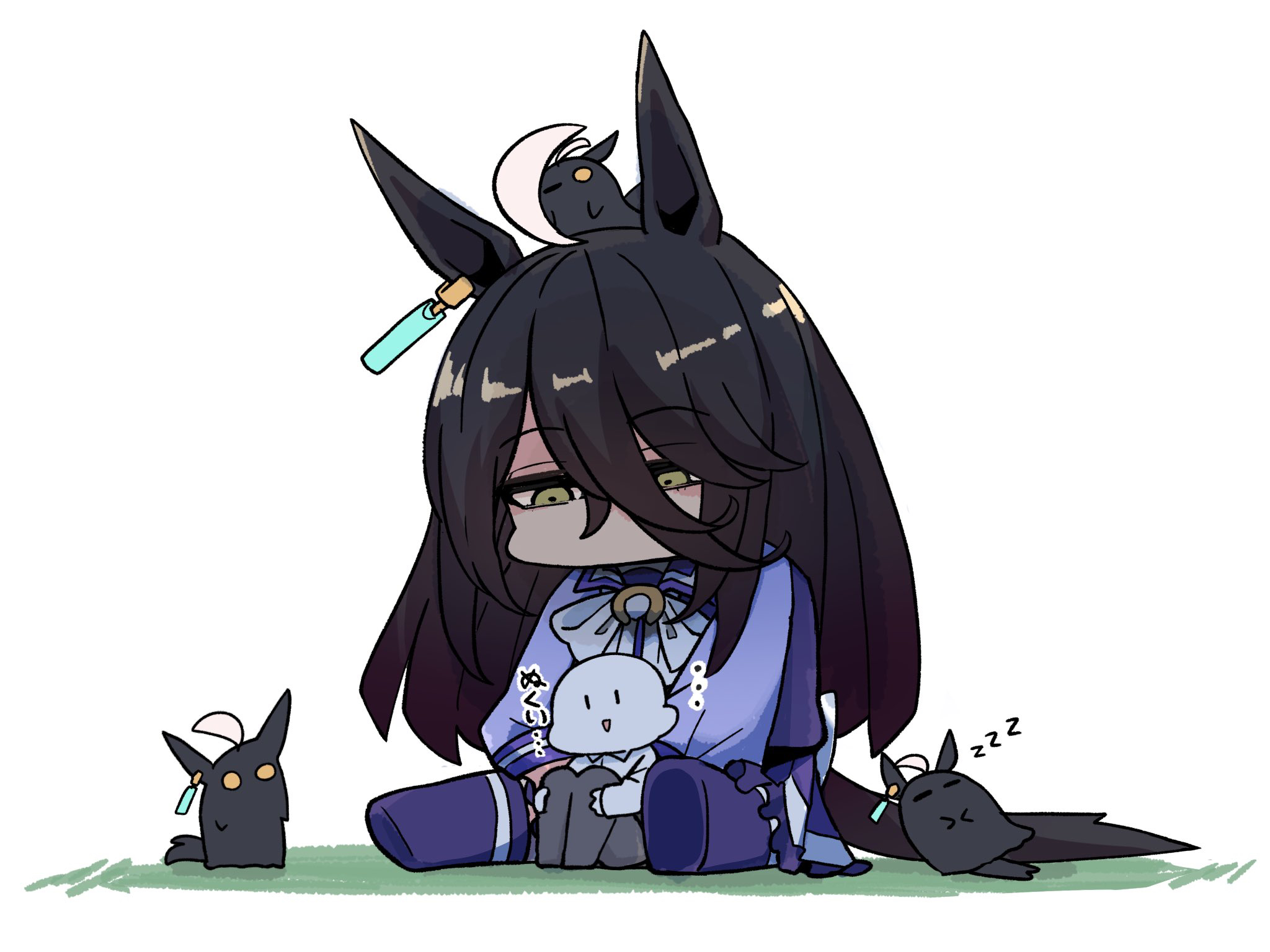 kawamochi (tddm3573), hasshaku-sama, manhattan cafe (umamusume), trainer (umamusume), japanese urban legends, umamusume, highres, translation request, 1boy, 1girl, :>, ahoge, animal ears, black hair, bow, brown eyes, closed eyes, collared shirt, dress shirt, grey pants, hair between eyes, half-closed eyes, horse ears, horse girl, horse tail, knees up, long hair, long sleeves, multicolored hair, no shoes, pants, parted lips, pleated skirt, puffy long sleeves, puffy sleeves, purple shirt, purple skirt, purple thighhighs, school uniform, shirt, sitting, skirt, sleeping, smile, soles, tail, thighhighs, tracen school uniform, triangle mouth, two-tone hair, very long hair, white background, white bow, white hair, white shirt, zzz, | |