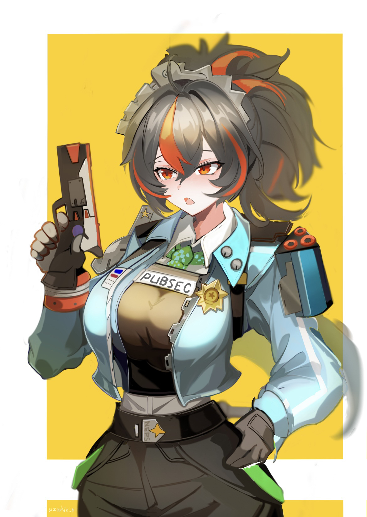 azuki pii, zhu yuan, zenless zone zero, highres, 1girl, blue jacket, checkered necktie, hairband, high-waist pants, jacket, metal hairband, multicolored hair, necktie, pants, police, police badge, police uniform, policewoman, ponytail, red hair, red streaks, streaked hair, tight clothes, tight pants