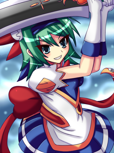 85g, bunshuu (koihime musou), koihime musou, 00s, 1girl, arms up, blue eyes, blush, bow, bun cover, double bun, dress, elbow gloves, female focus, gloves, green hair, grin, hair bun, hairband, short hair, smile, solo, sword, weapon